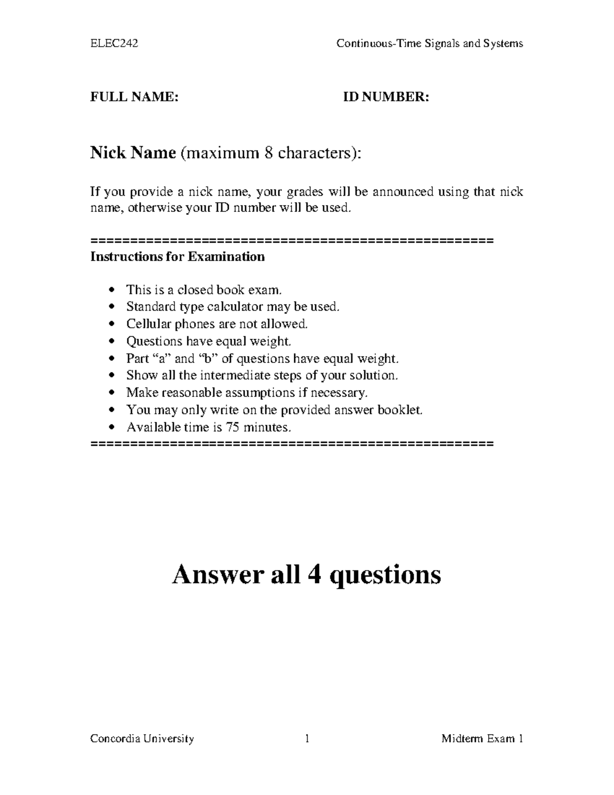 ELEC242 Signals and Systems Midterm Exam Practice with Solutions - Studocu