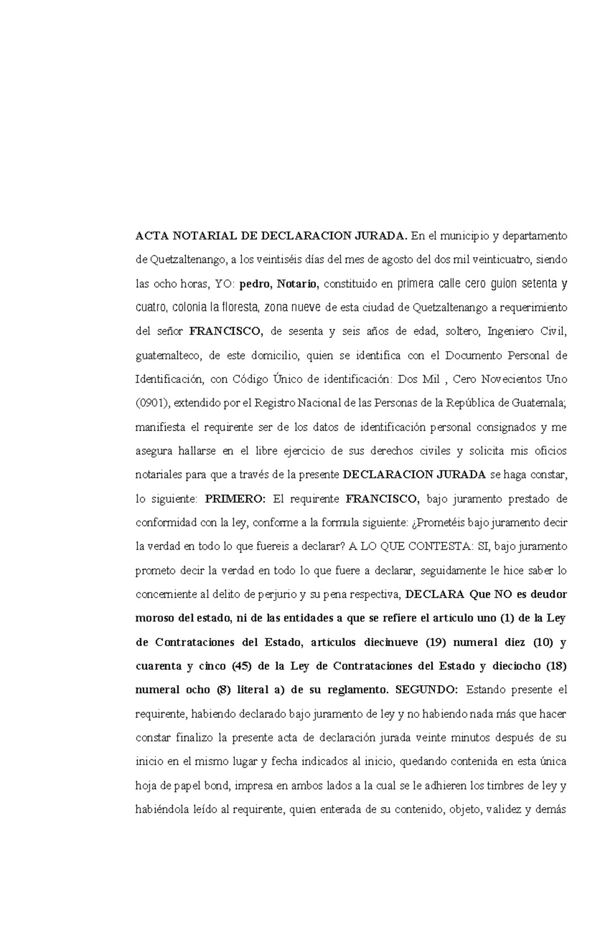 Declaración Jurada Oferente No es Deudor Moroso del Estado - 2024 - Studocu