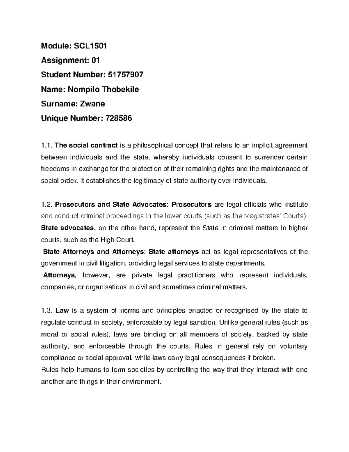 Assessment 01: SCL1501 - Understanding the Social Contract and Legal ...