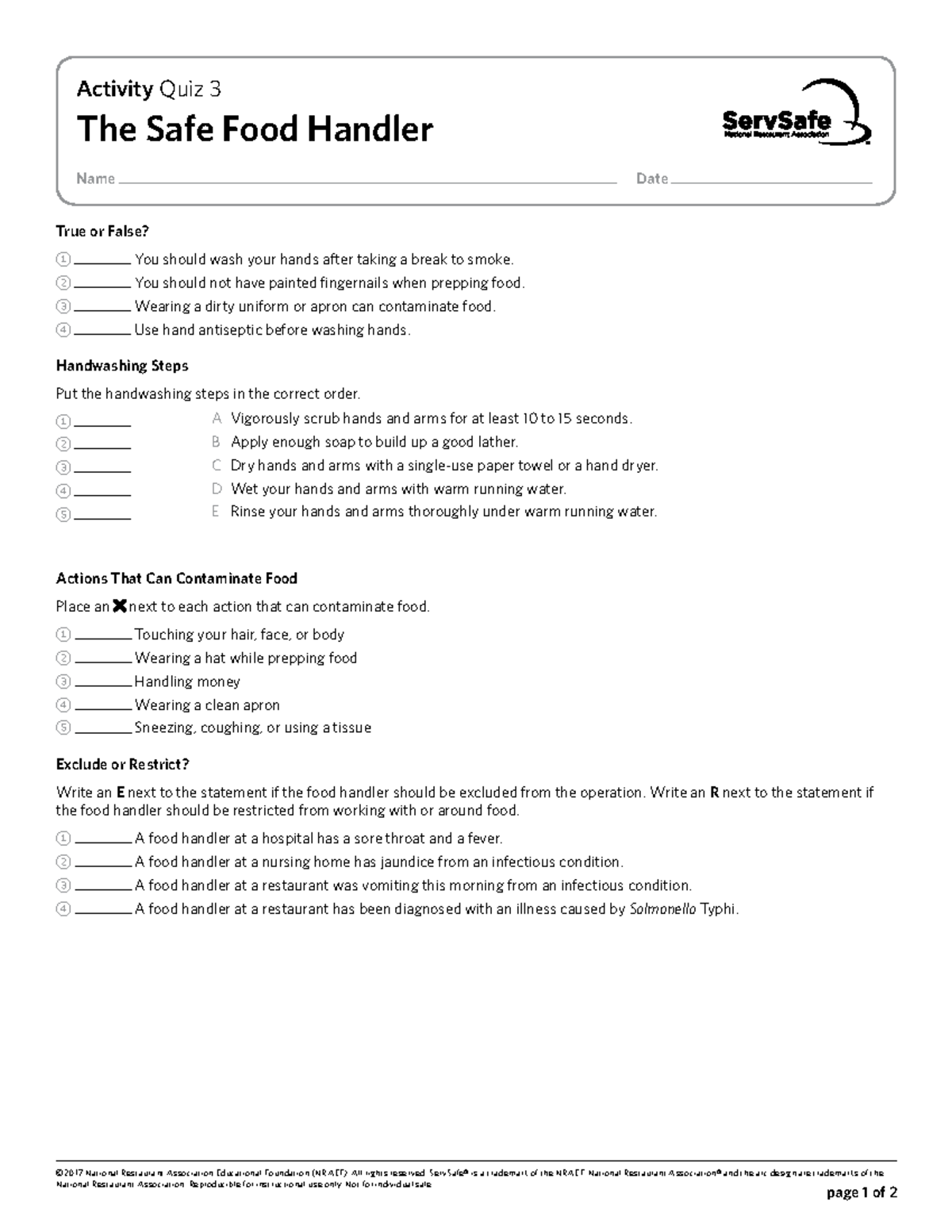 Activity Quiz 3: The Safe Food Handler - ServSafe® Guide - Studocu