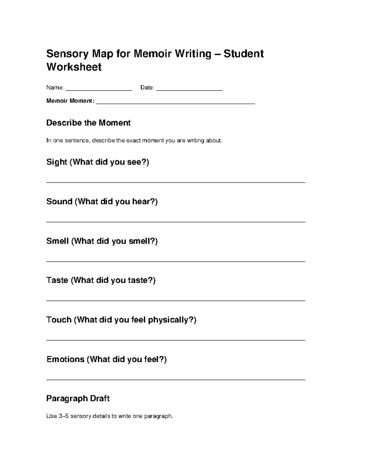 Sensory Map for Memoir Writing: ELL Student Worksheet - Studocu