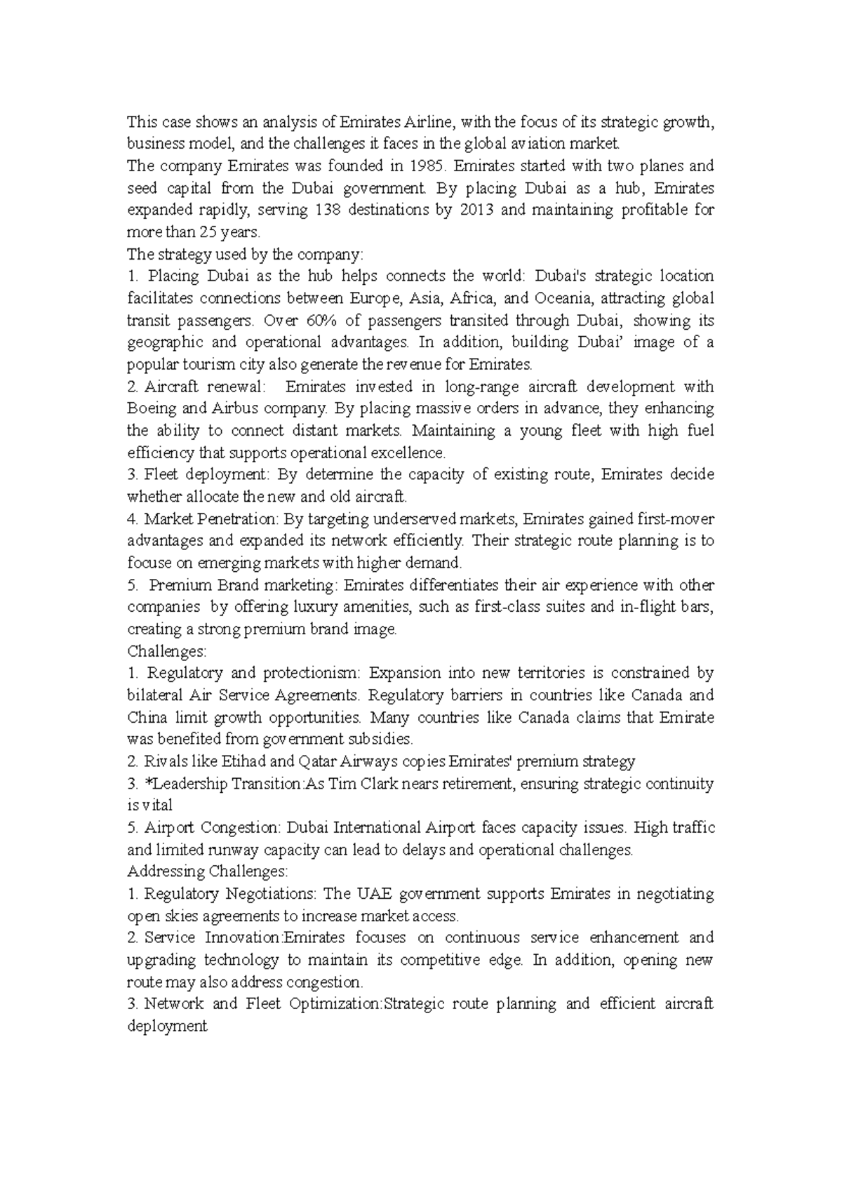 Case memo Emirates - This case shows an analysis of Emirates Airline ...
