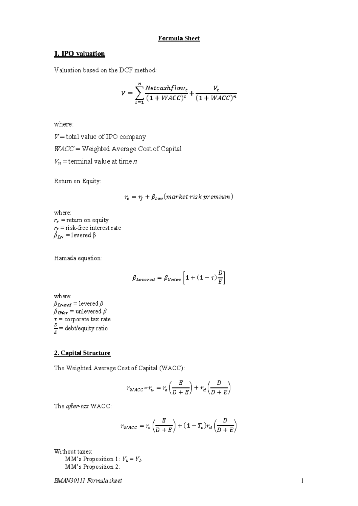 Formula Sheet - IPO valuation Valuation based on the DCF method: ܸൌ ෍ ܰ ...