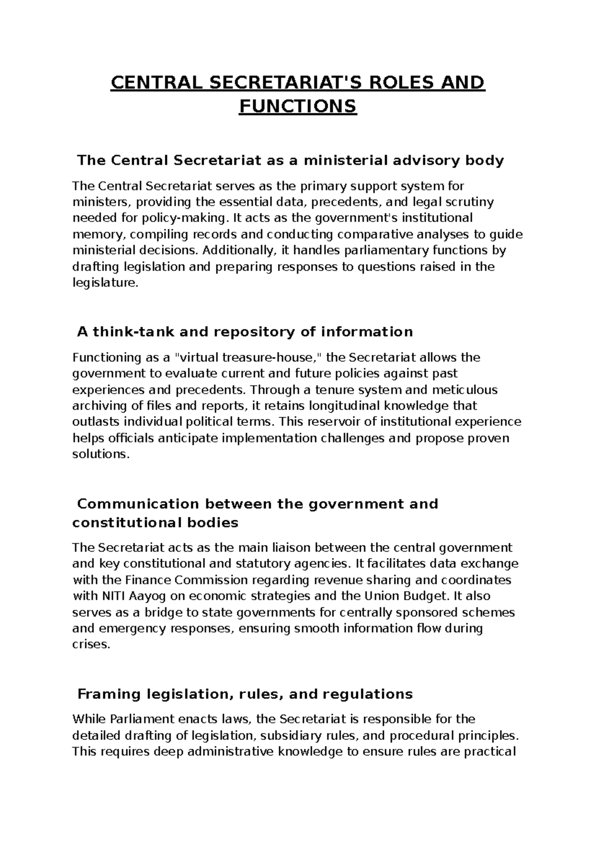 Central Secretariat Functions and Roles - CoM Overview - Studocu