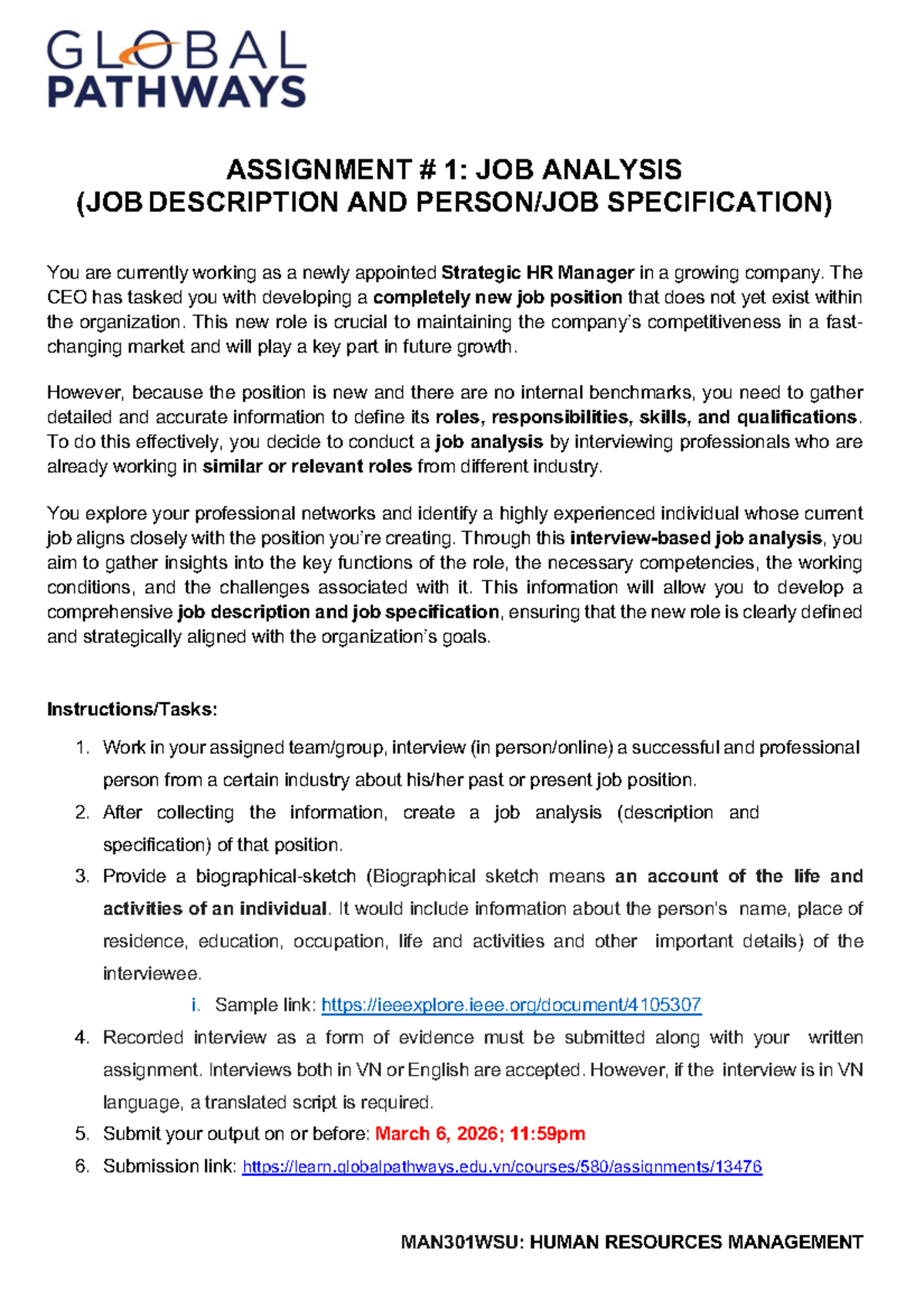MAN301WSU: Job Analysis Assignment Guidelines for HR Management - Studocu
