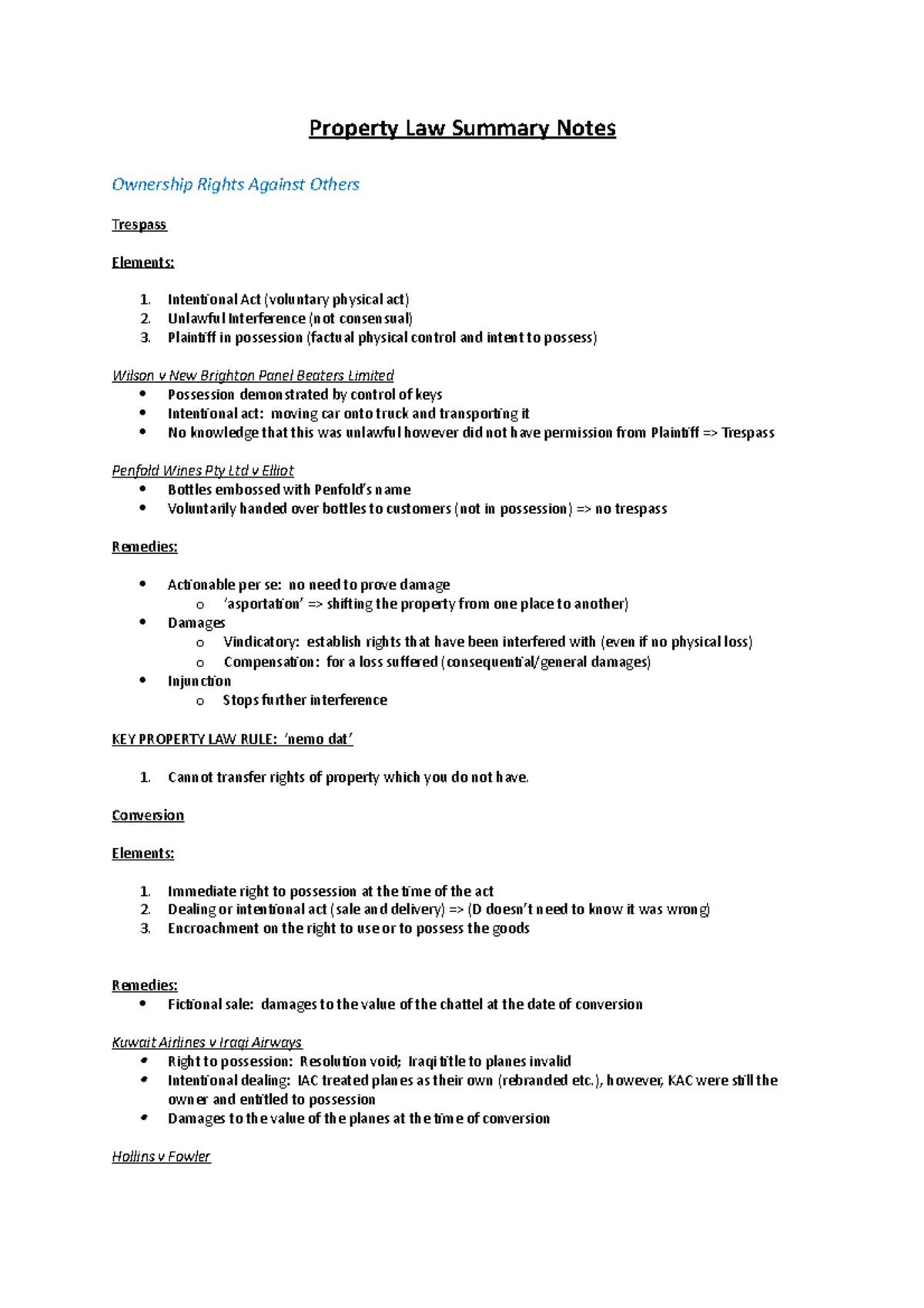 Property Law Summary Notes - Property Law Summary Notes Ownership ...