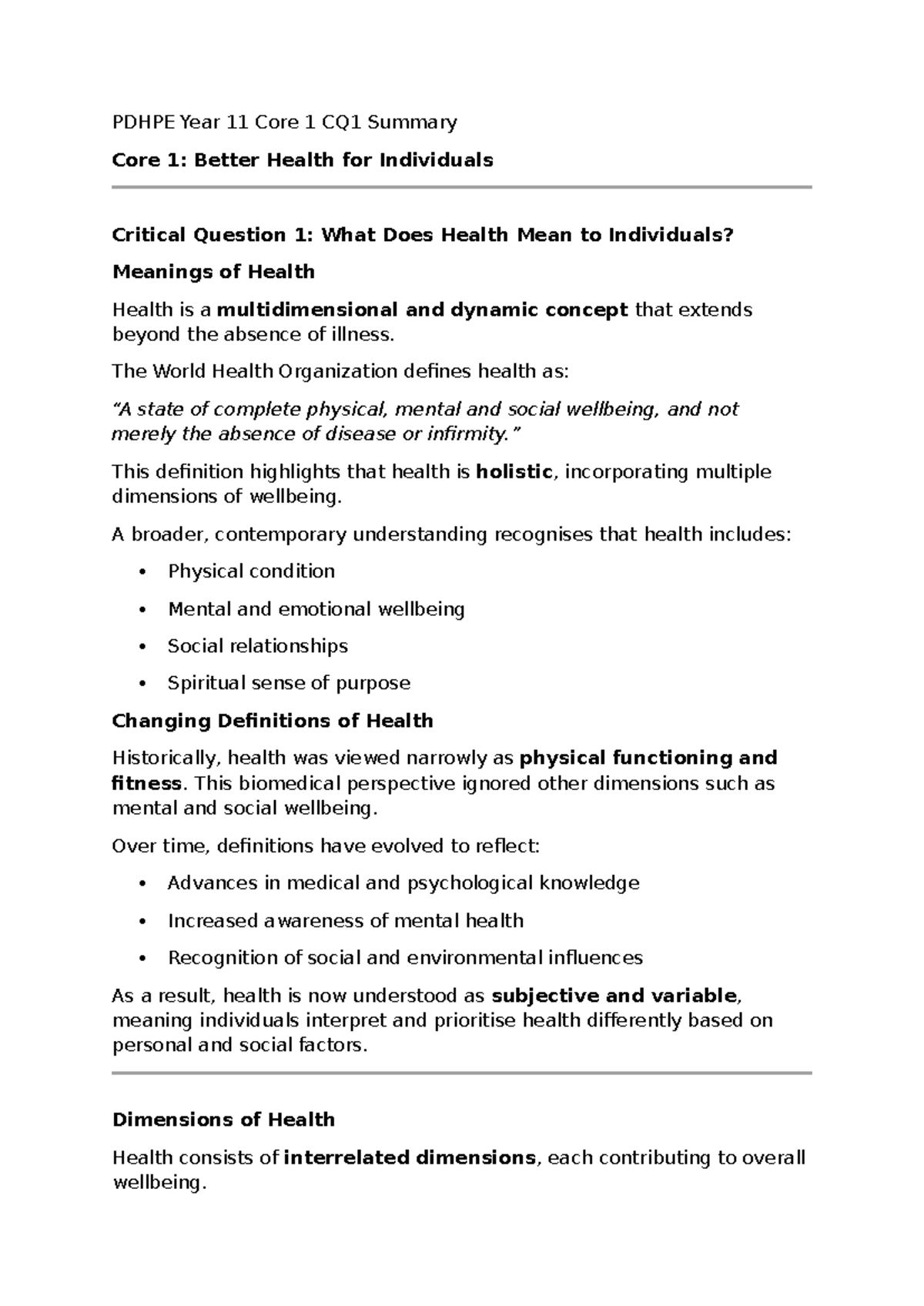 PDHPE Year 11 Core 1 CQ1 Summary: Understanding Health Dimensions - Studocu