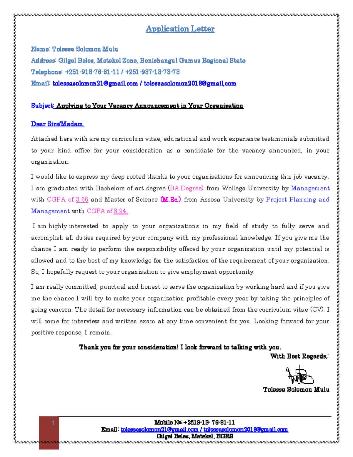 Application and CV - 1 Mobile No: +2519- 13 - 76 - 81 - 11 Email ...