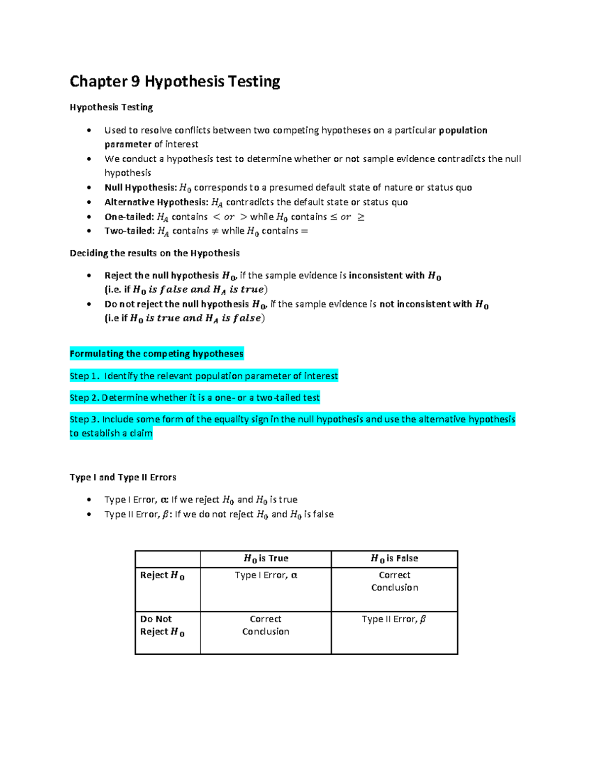 Chapter 9 Notes on Hypothesis Testing in Statistics - Studocu