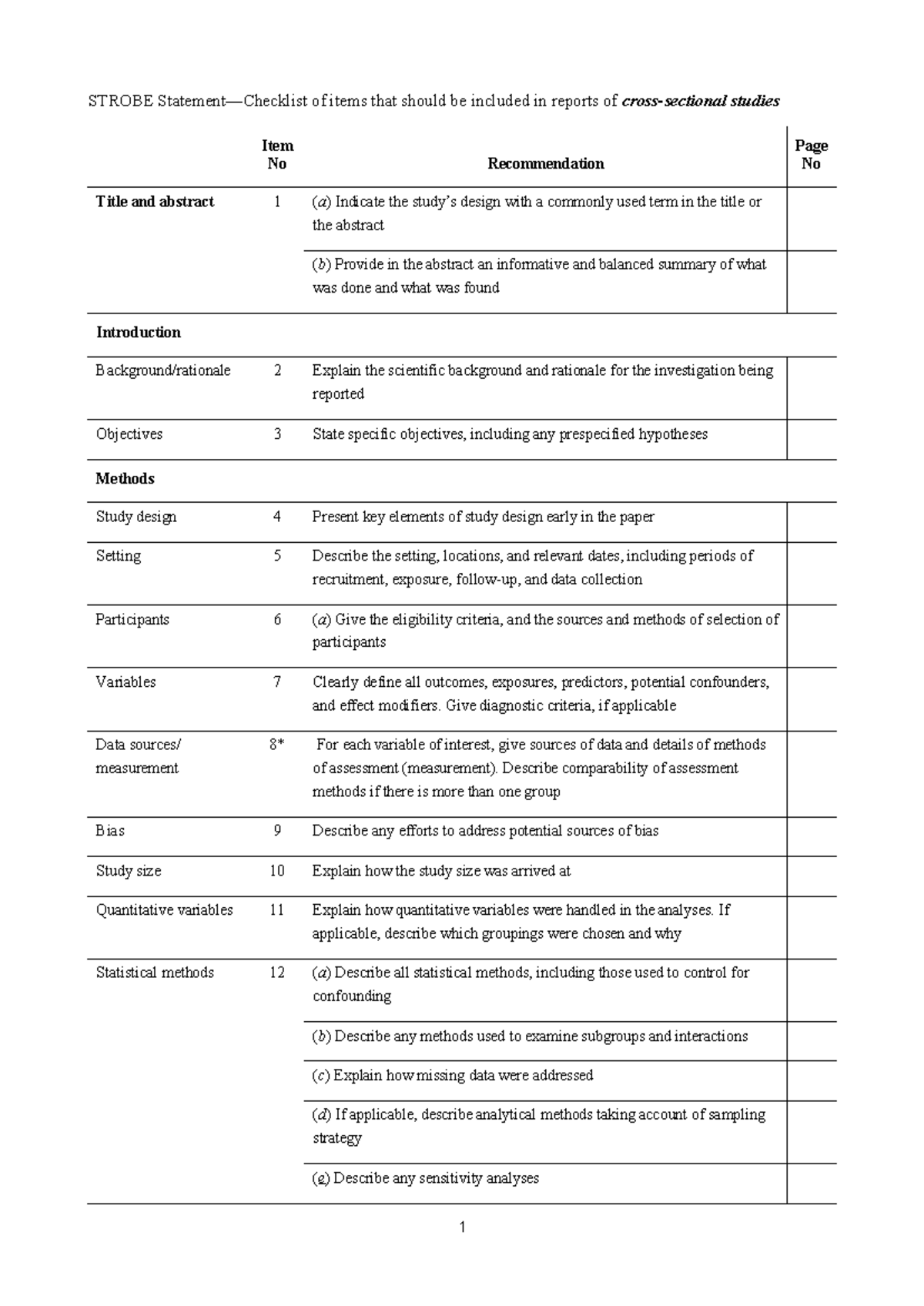 STROBE Checklist for Cross-Sectional Study Reporting - Studocu