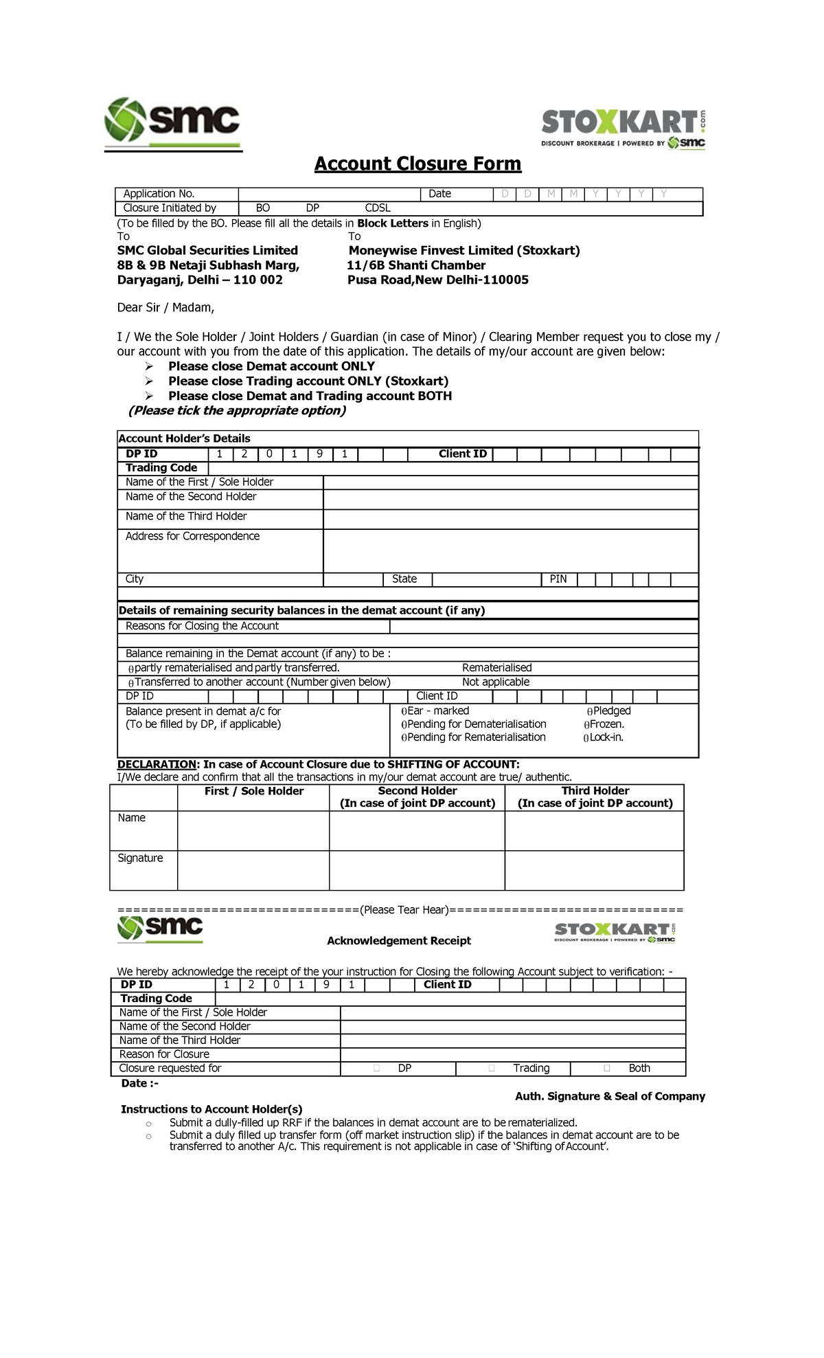18915 Account Closure Request Form for Stoxkart Trading Services - Studocu