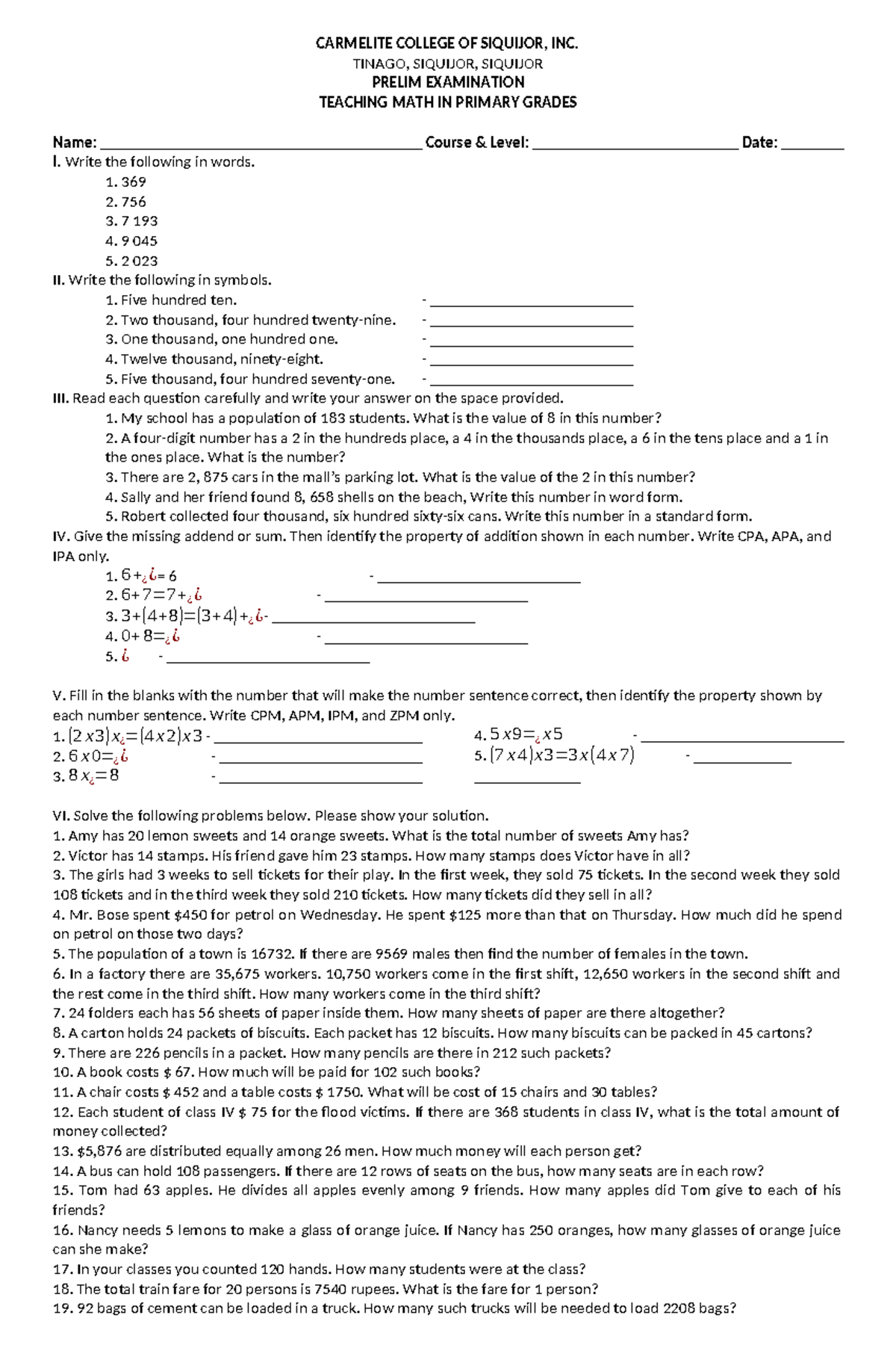 Prelim Exam on Teaching Math in Primary Grades - MATH 101 - Studocu