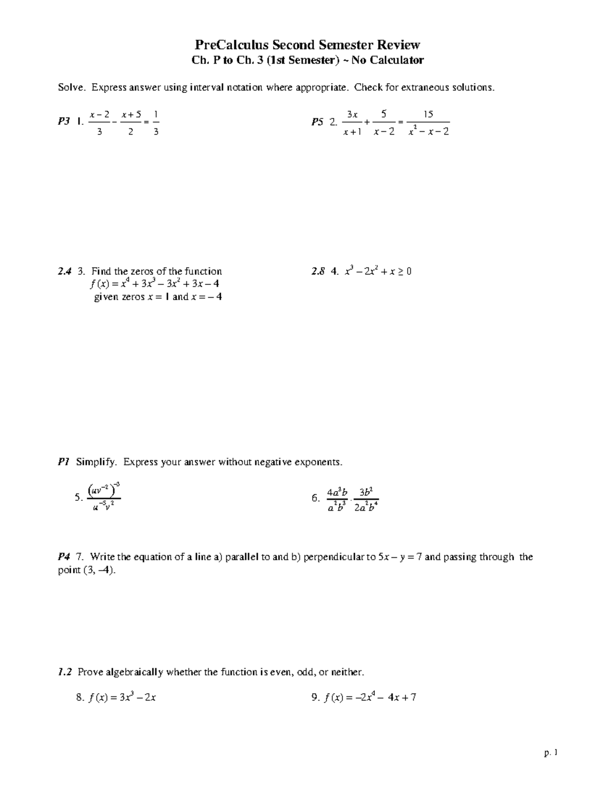 Precalc - 2nd Semester Review (Ch. P to Ch. 5) - No Calculator - Studocu