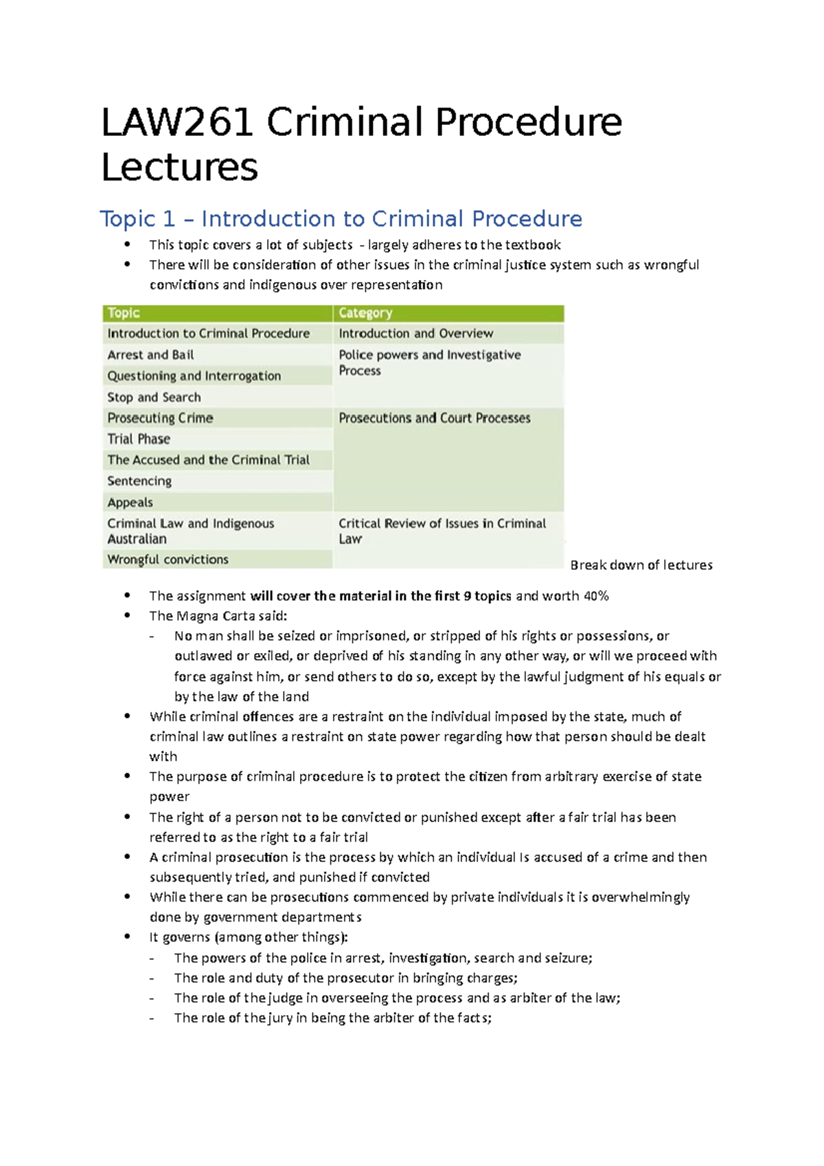 LAW261 Criminal Procedure: Lecture Notes Summary and Key Concepts - Studocu