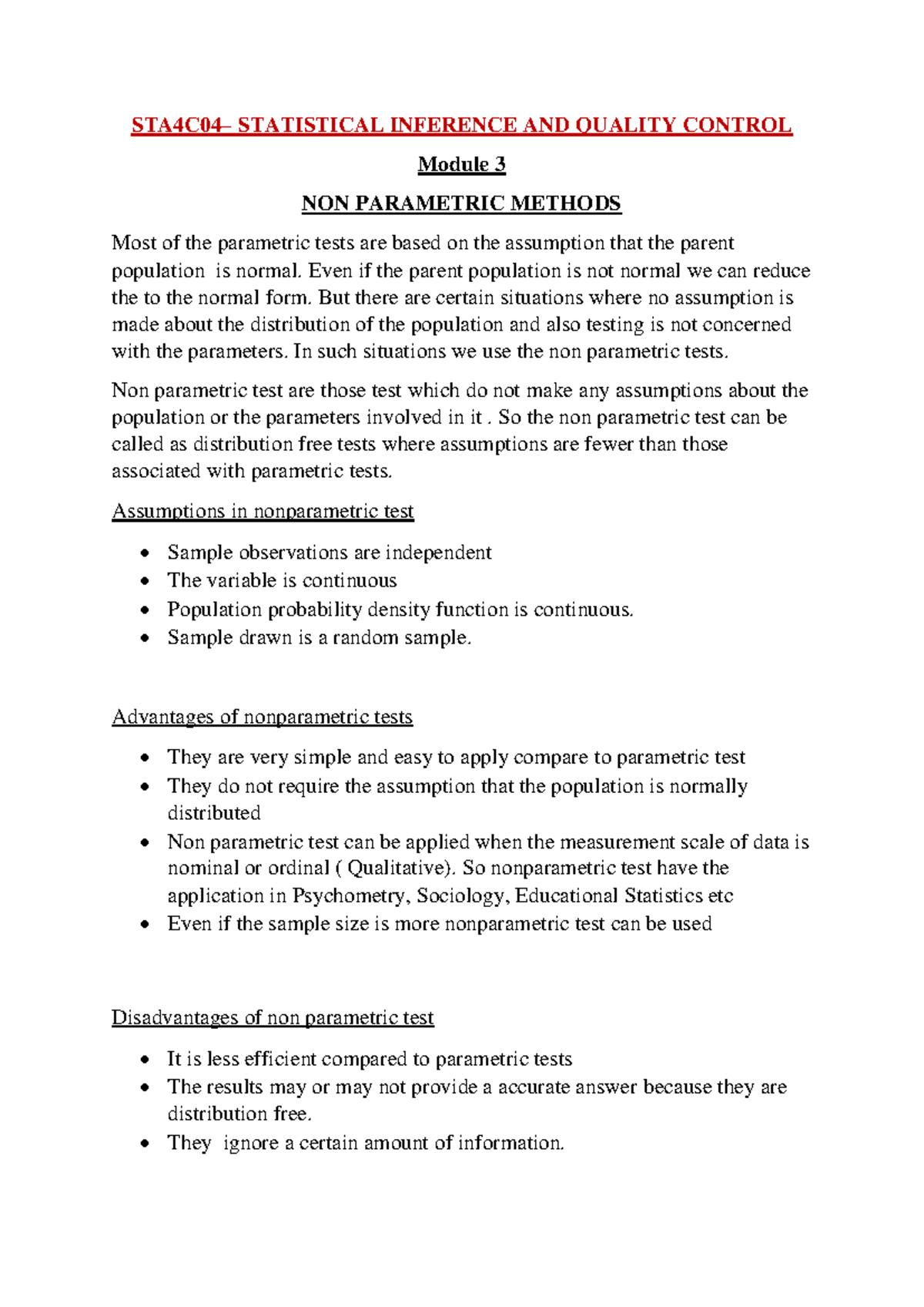 STAT 101: Nonparametric Methods in Statistical Inference Notes - Studocu