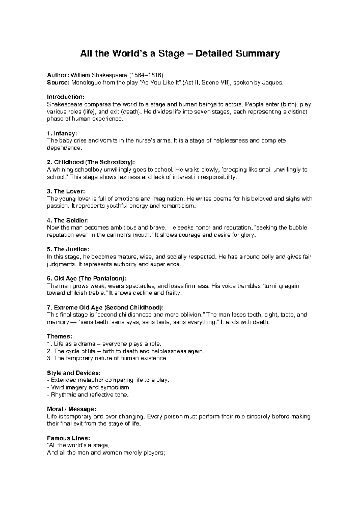 All the World is a Stage: Detailed Summary of Shakespeare's Monologue ...