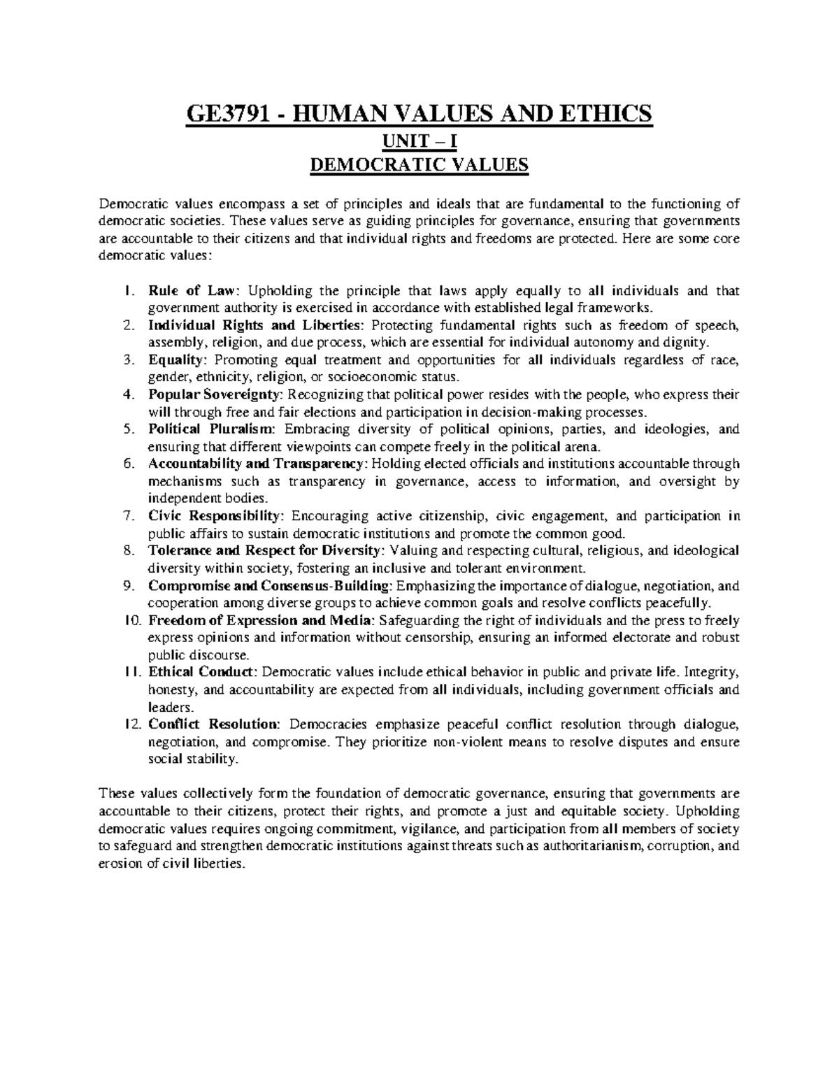GE3791 - Human Values & Ethics: Unit 1 - Notes on Democratic Values ...