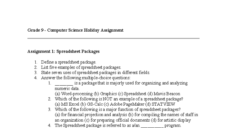Grade 9 Computer Science Holiday Assignment 1: Spreadsheet Packages ...