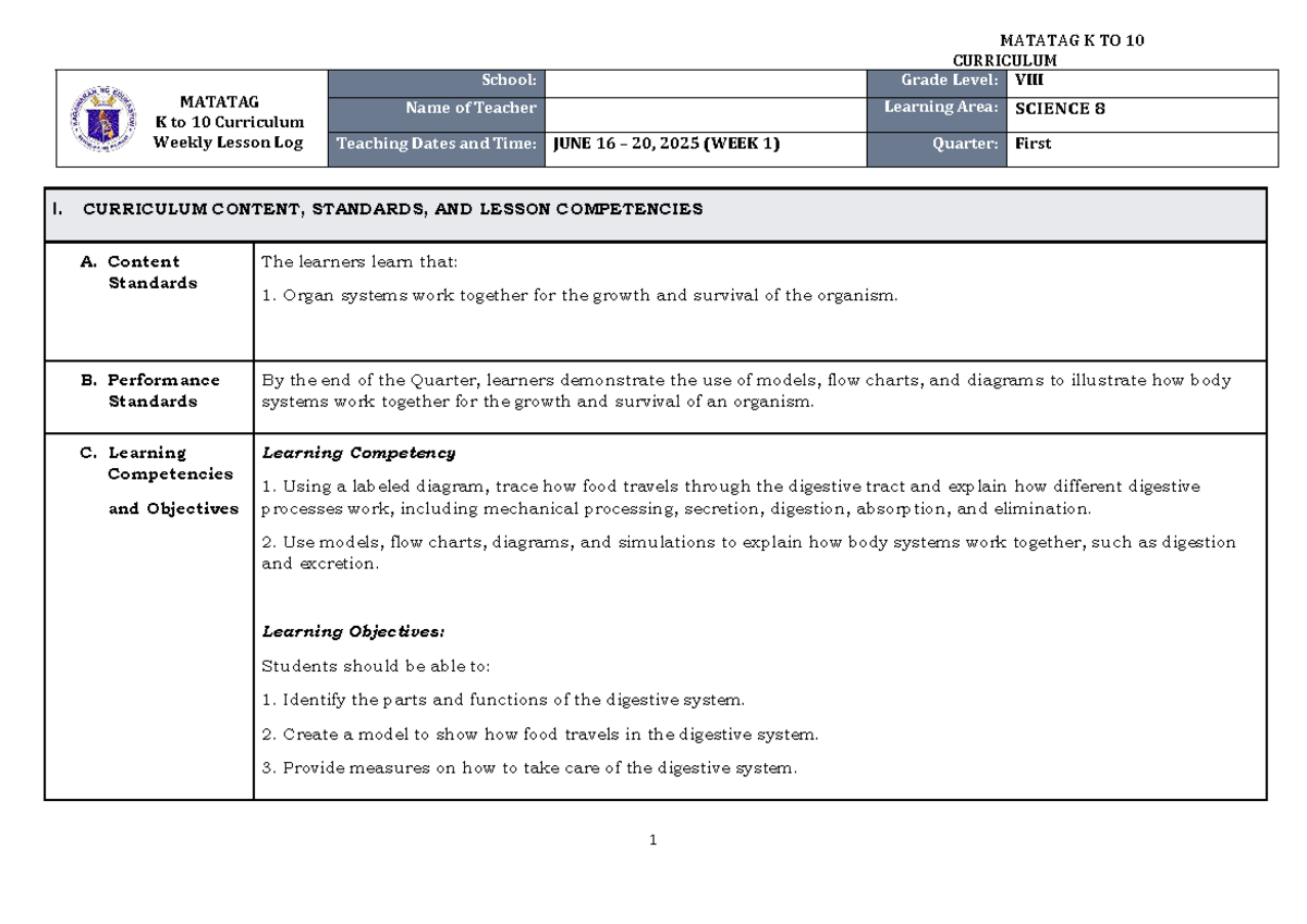 DLL Matatag K to 10 Science 8 Week 1 Lesson Log - Studocu