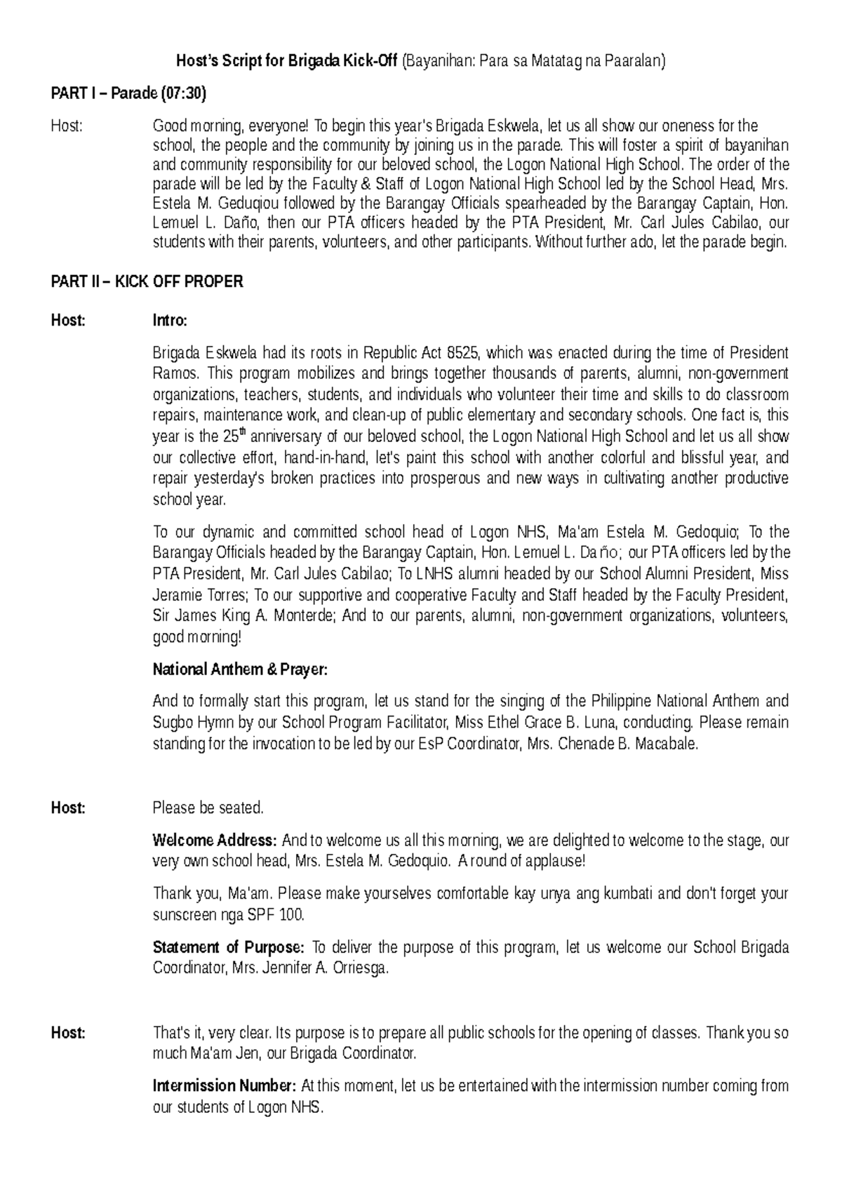 Host's Script for Brigada Kick-Off at Logon NHS (Bayanihan) - Studocu