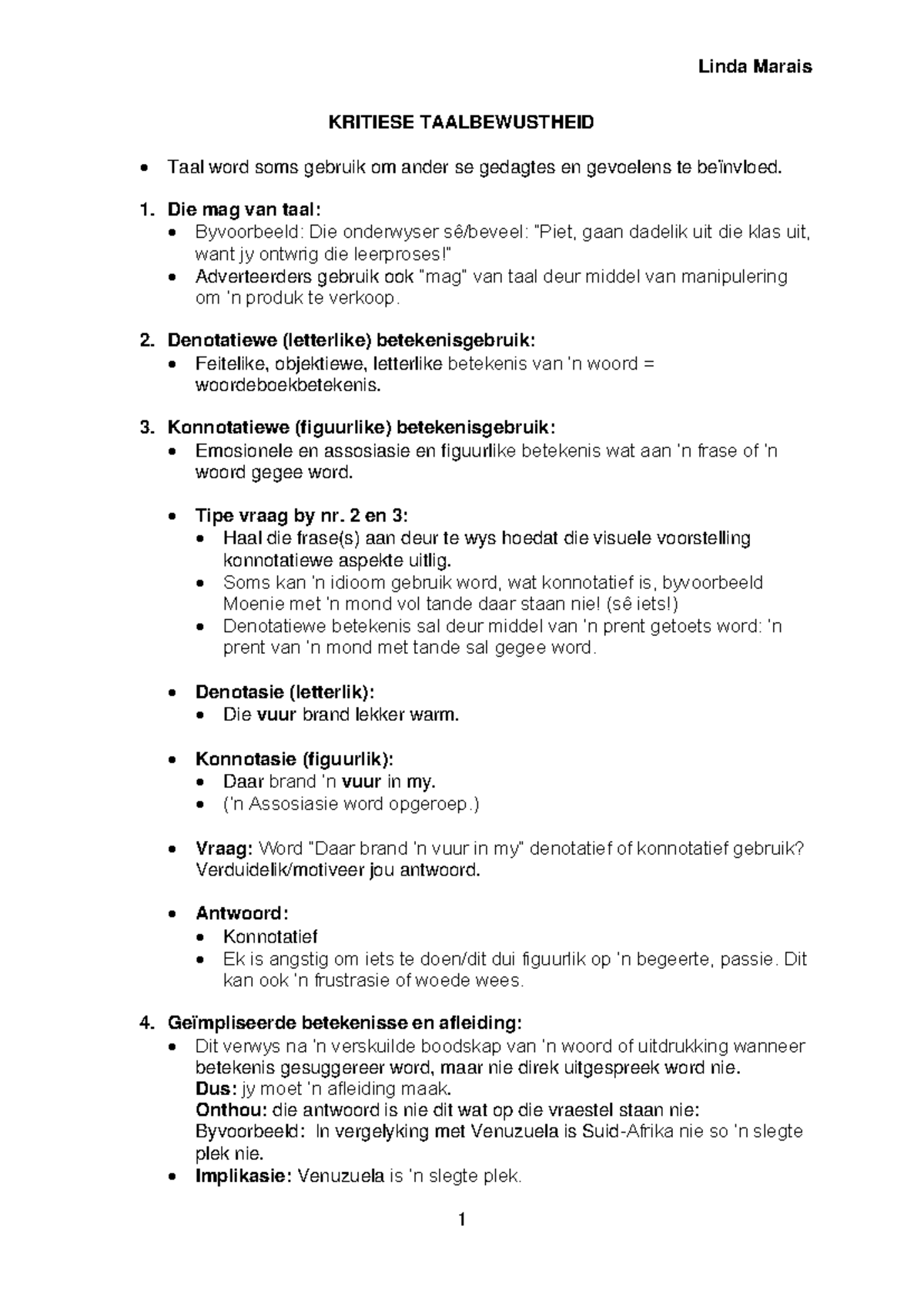 Kritiese Taalbewustheid: Betekenis, Implikasies en Manipulasie - Studocu