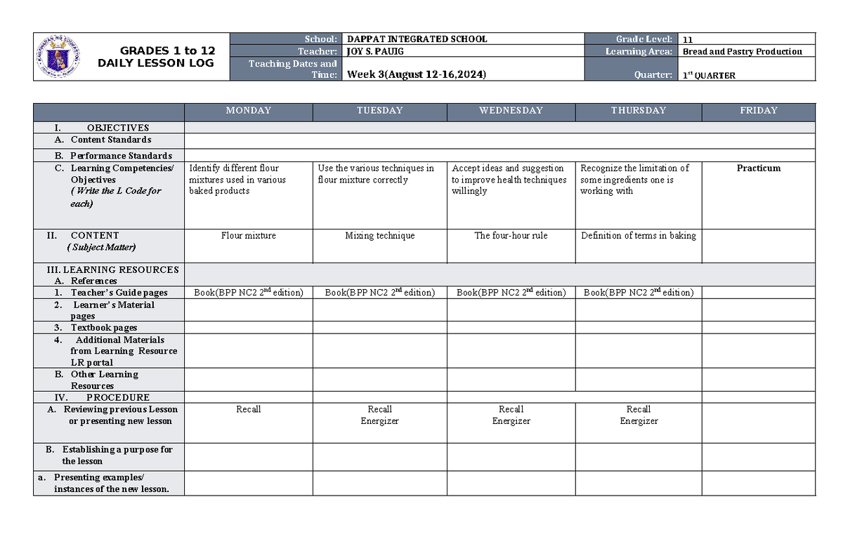 Grades 11 Daily Lesson Log: Bread and Pastry Production (1st Quarter ...