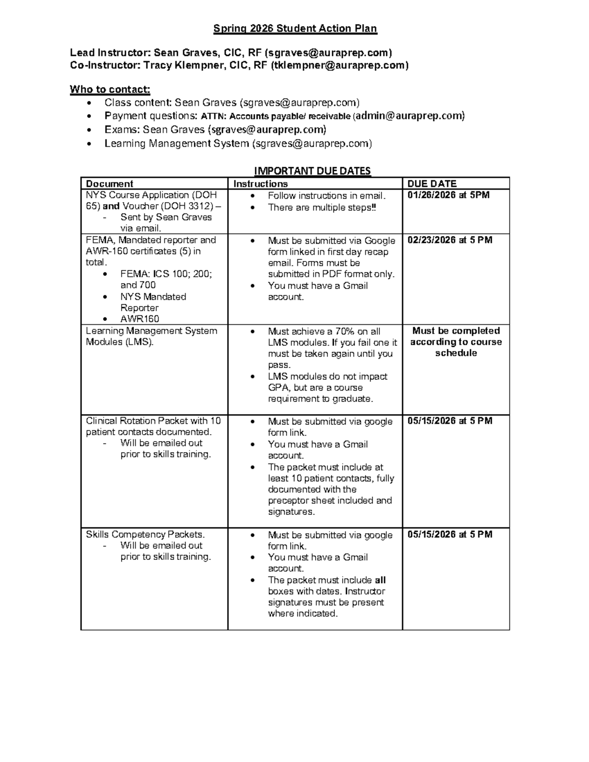 Spring 2026 EMT Skills Course Action Plan and Important Dates - Studocu
