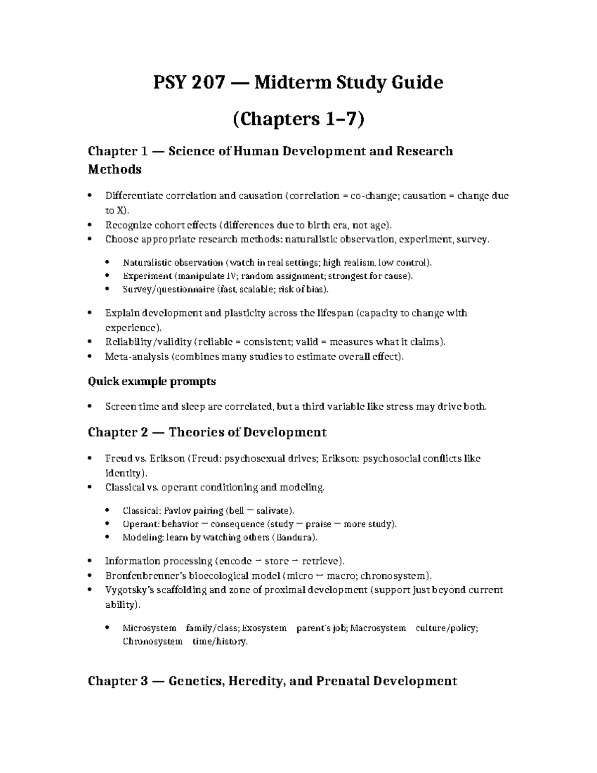 PSY 207 Midterm Study Guide: Human Development (Chapters 1-7) - Studocu