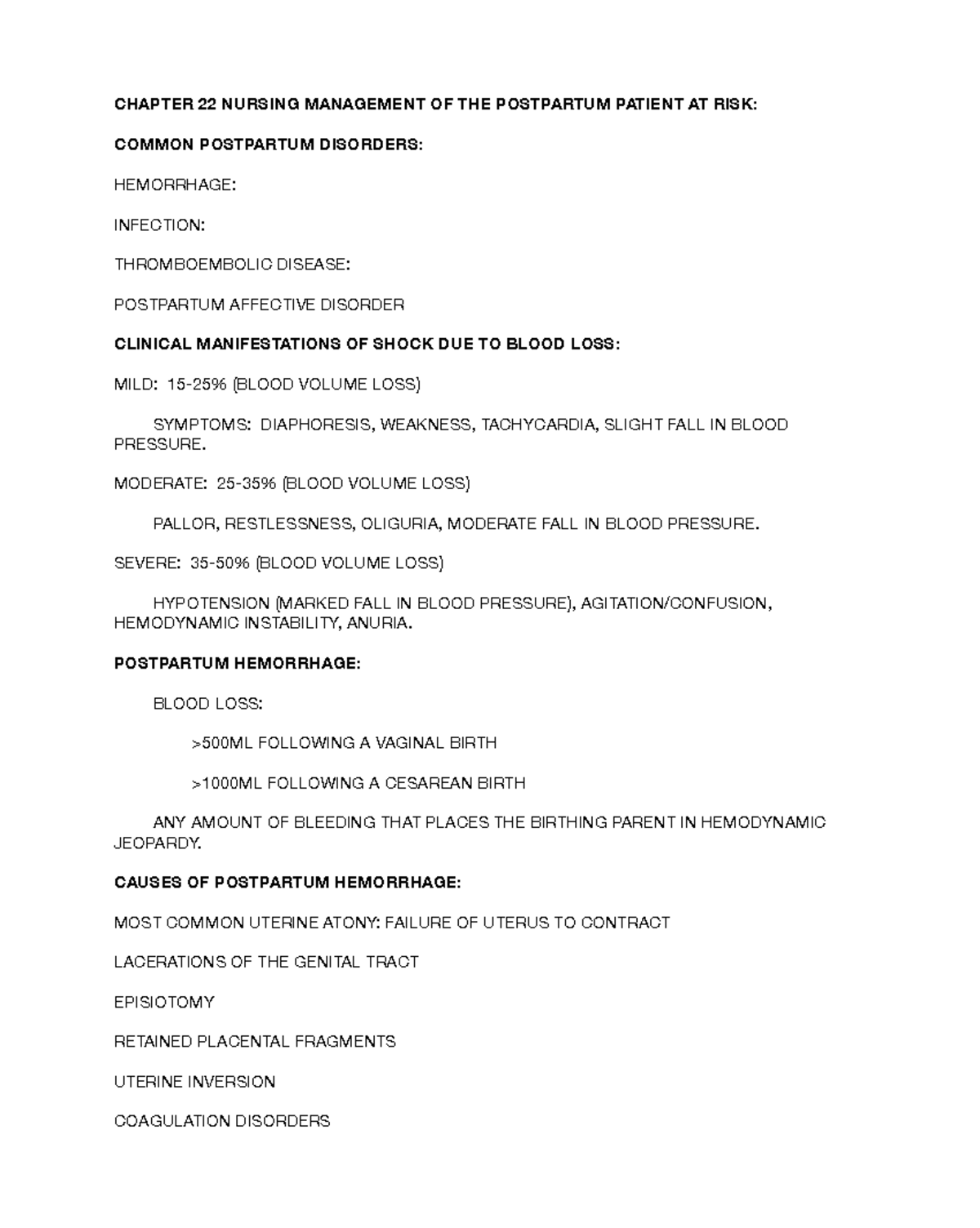 CHAPTER 22 NURSING MANAGEMENT OF POSTPARTUM PATIENTS AT RISK - Studocu