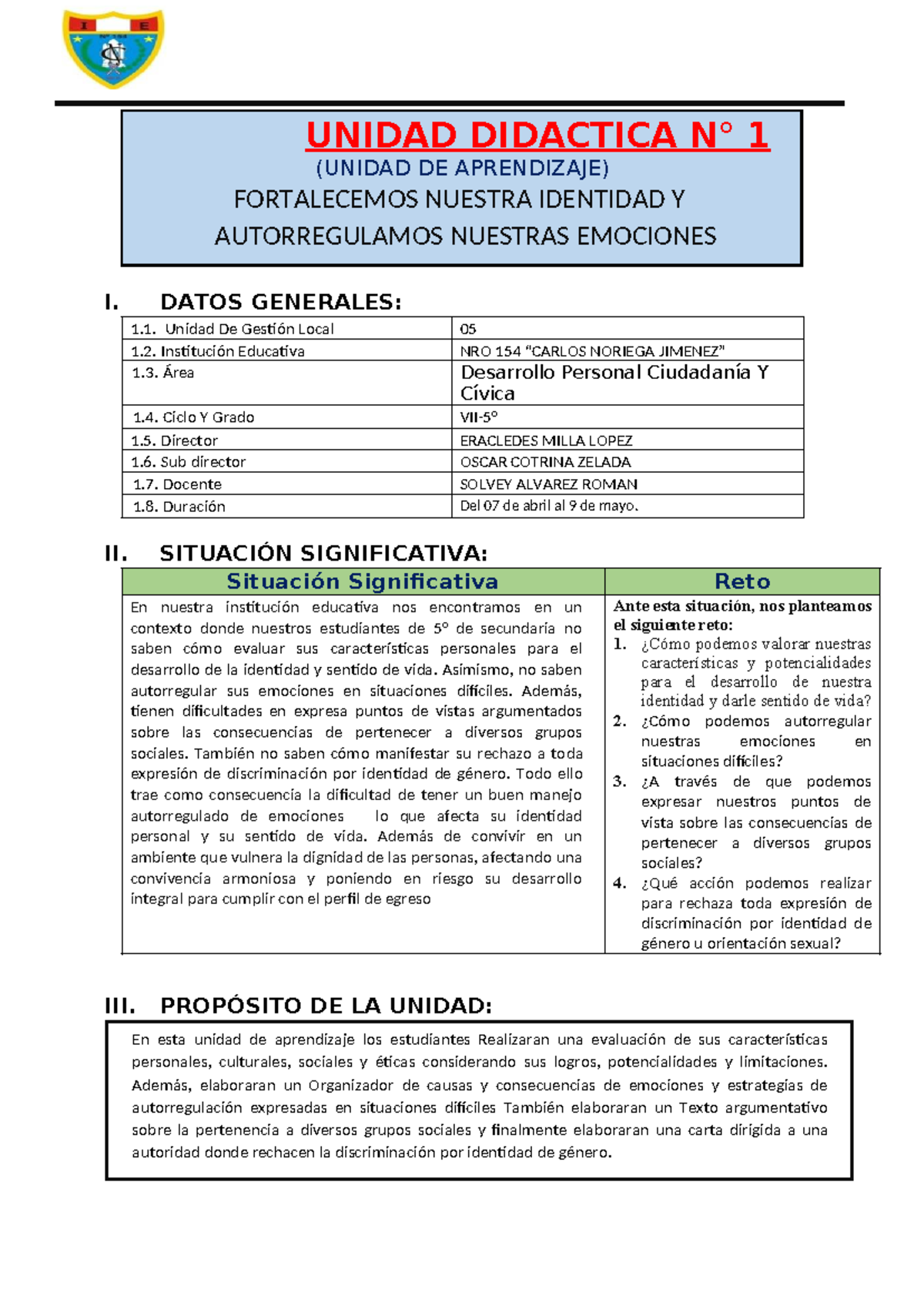 5° Unidad Didáctica N° 1: Fortaleciendo Identidad y Emociones - Studocu