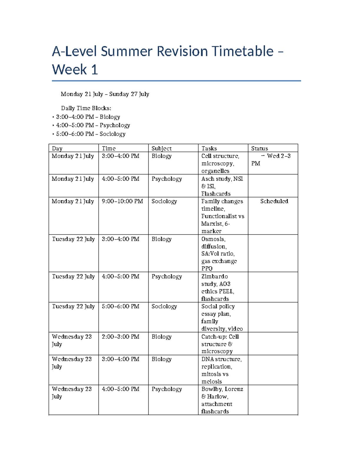 A-Level Revision Timetable Week 1: 21-27 July - Studocu