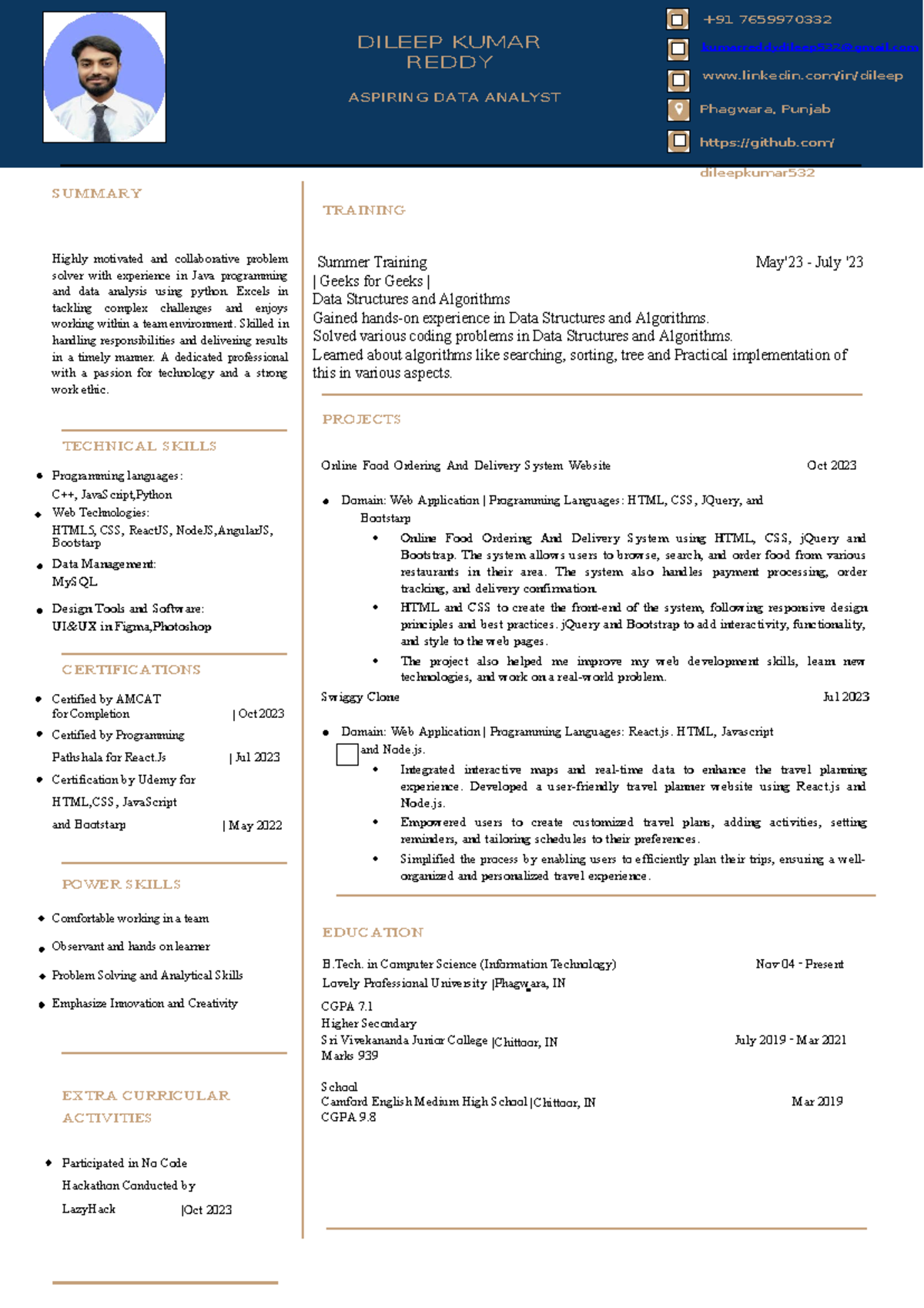 T charan cv - SUMMARY DILEEP KUMAR REDDY ASPIRING DATA ANALYST TRAINING ...
