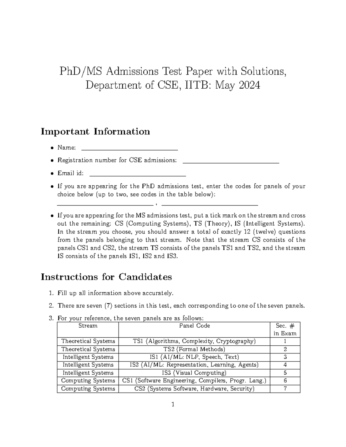PhD/MS Admissions Test Paper with Solutions, CSE Dept, IITB - May 2024 ...