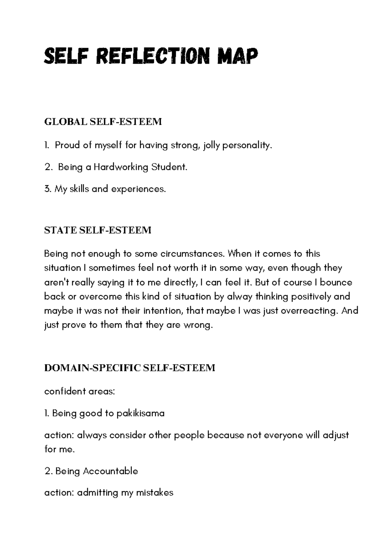 SELF REFLECTION MAP: UNDERSTANDING THE SELF - GLOBAL 1 Insights - Studocu