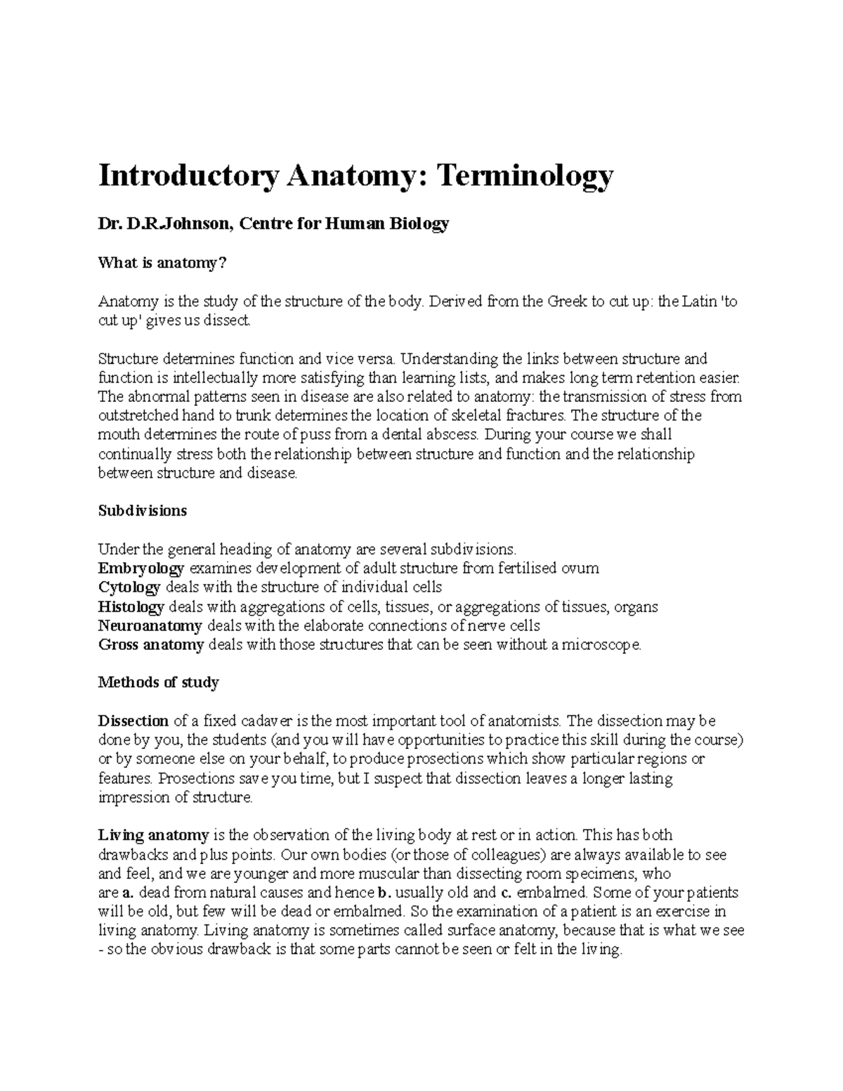 Terminology - Lecture notes 2 - Introductory Anatomy: Terminology Dr. D ...