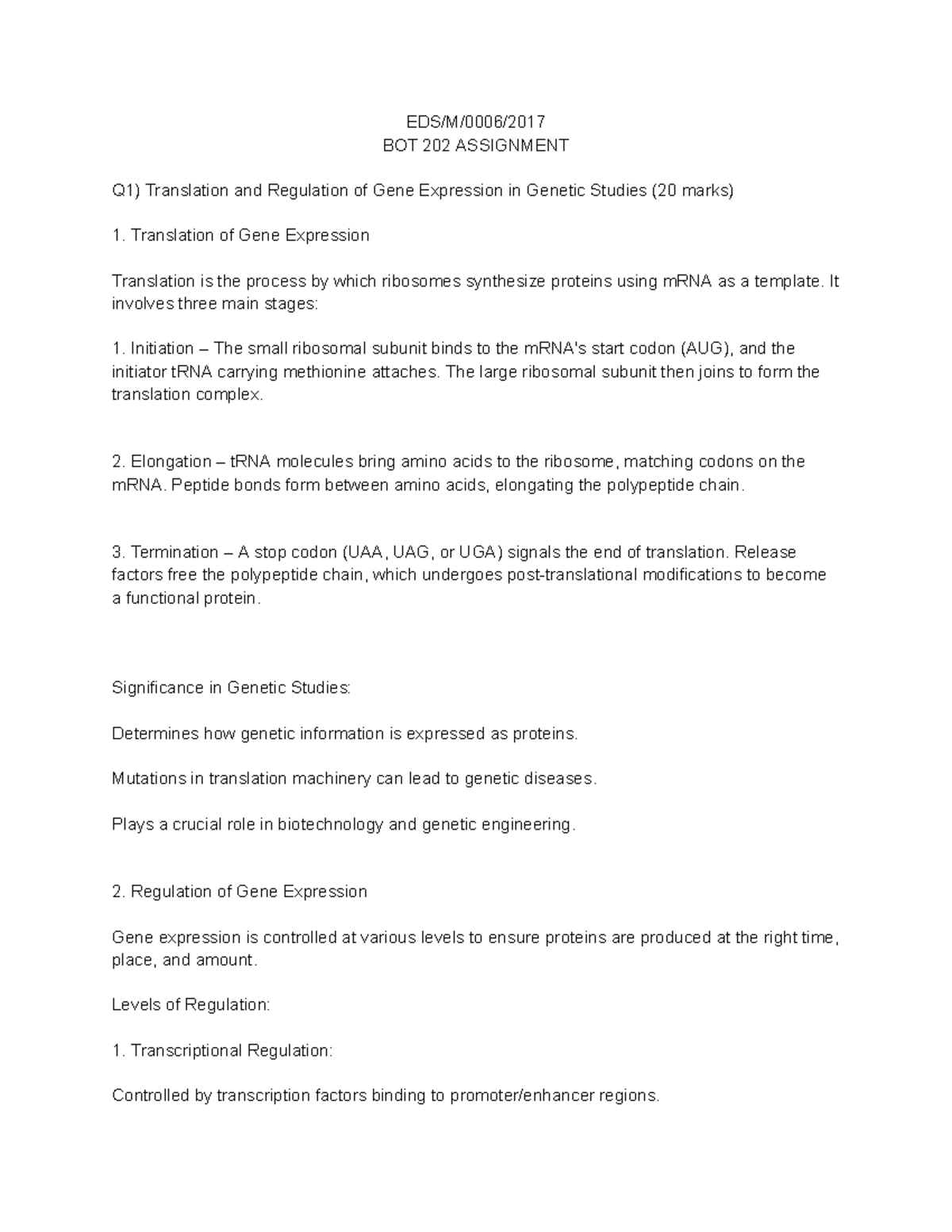 BOT 202 Assignment: Gene Expression Translation & Regulation Insights ...