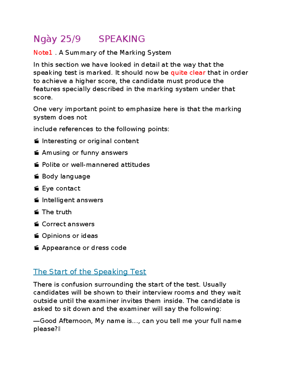 Speaking Test Insights: Understanding the Marking System and Tips - Studocu