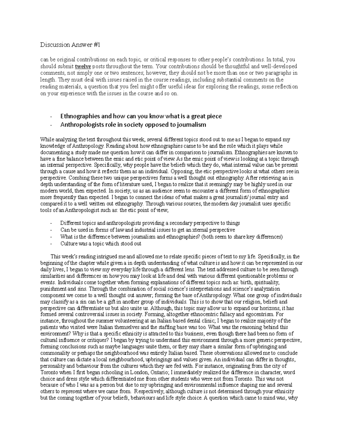 Discussion Answer - In total, you should submit twelve posts throughout ...