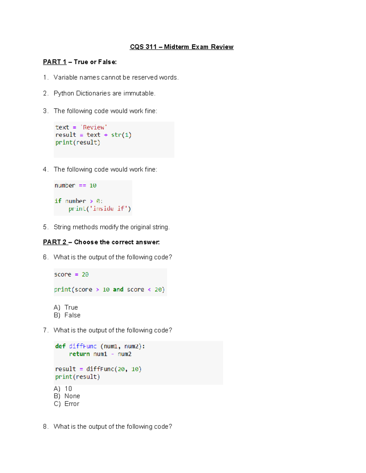 CQS 311 Midterm Exam Review: True/False & Multiple Choice Questions ...