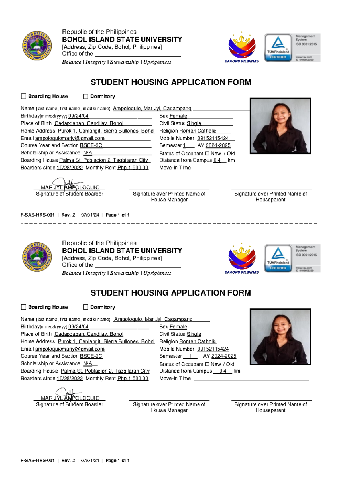 BSCE3C Student Housing Application Form - AY 2024 - Studocu