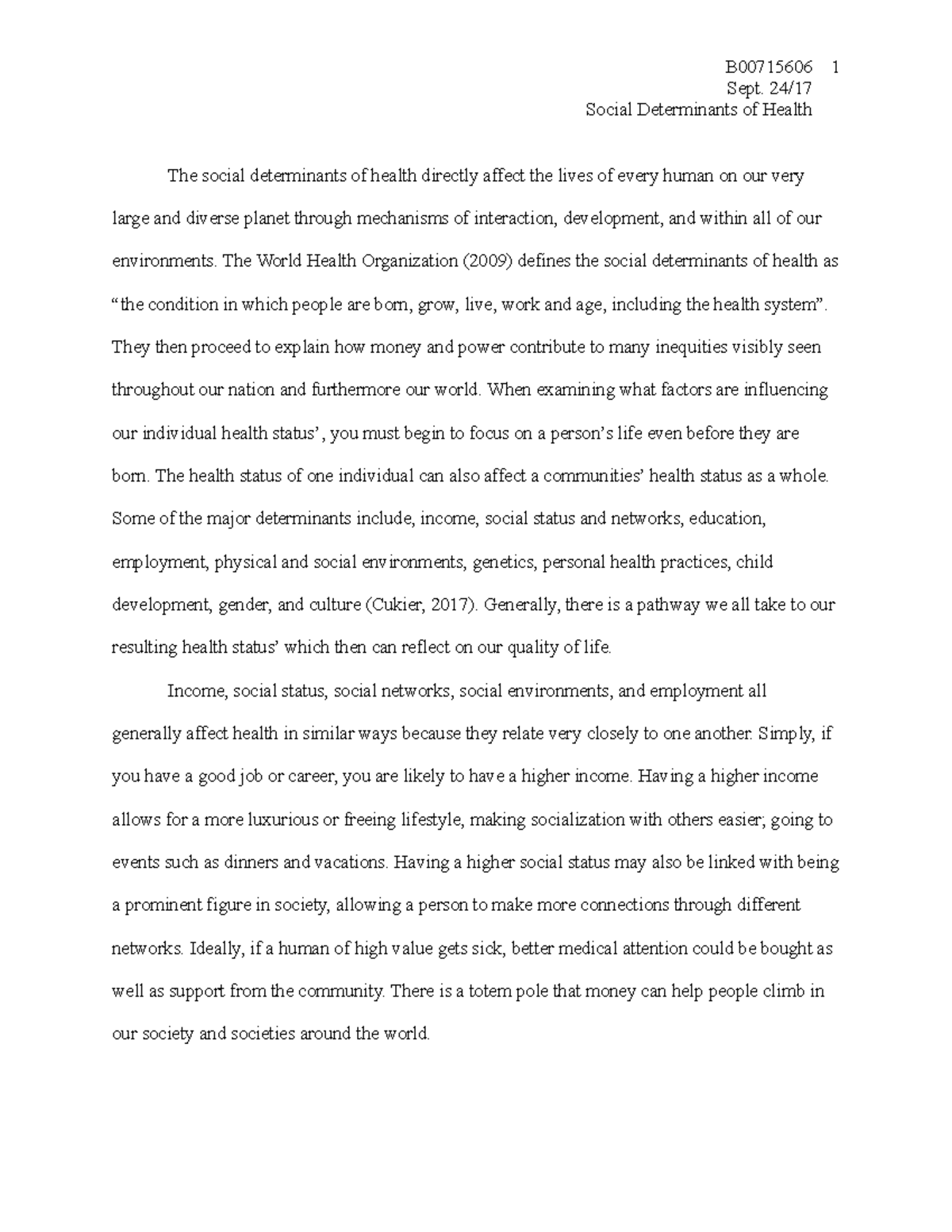 SOC 101 - Essay on Social Determinants of Health and Gender Inequities ...