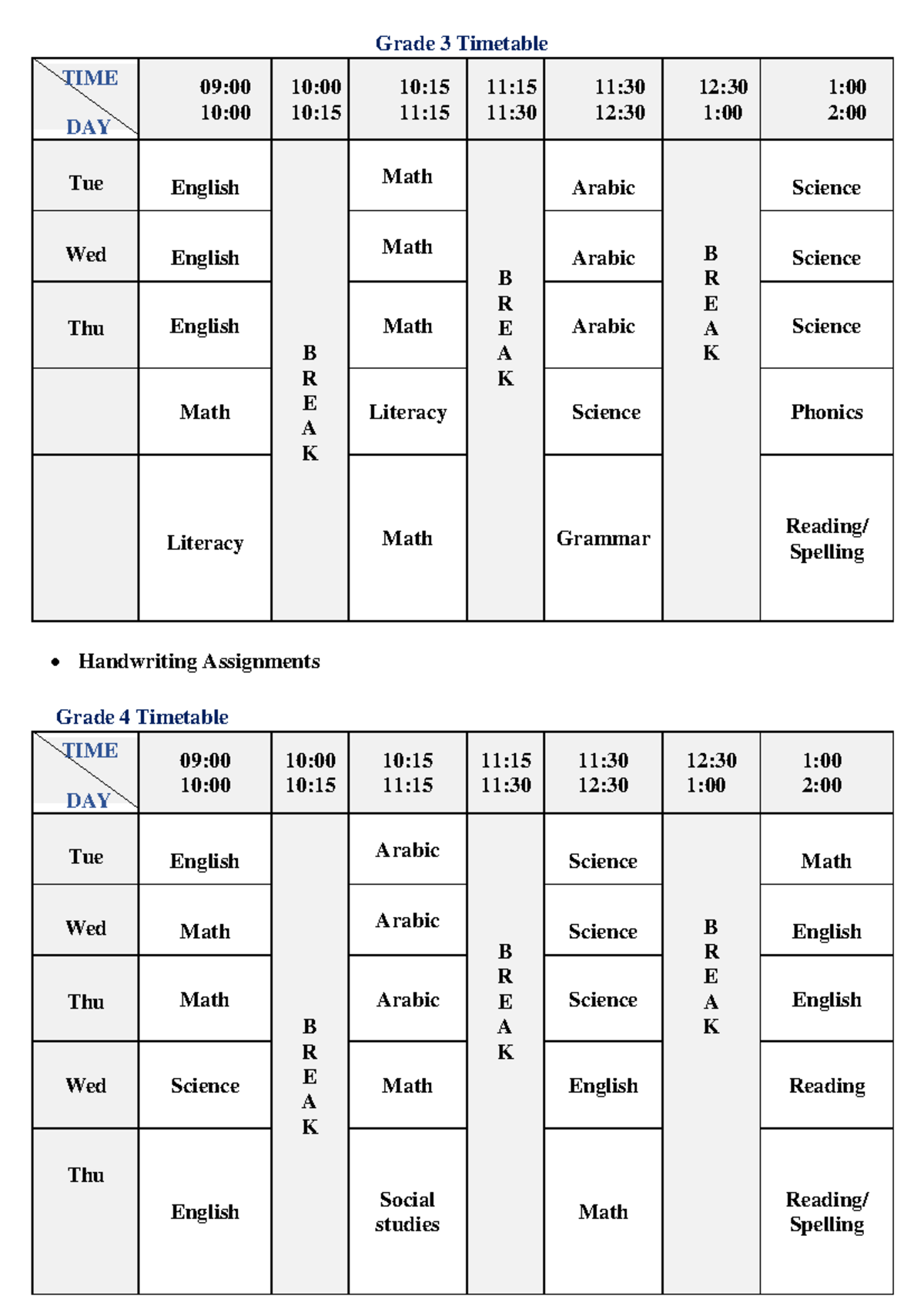 Grade Timetables for Grades 3 to 9: Weekly Overview - Studocu