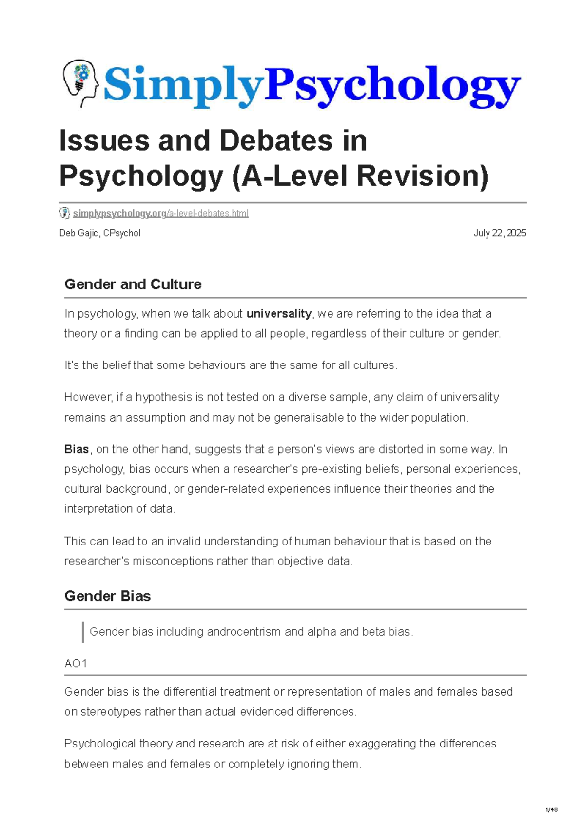 Issues and Debates in Psychology: Gender and Culture (A-Level Revision ...