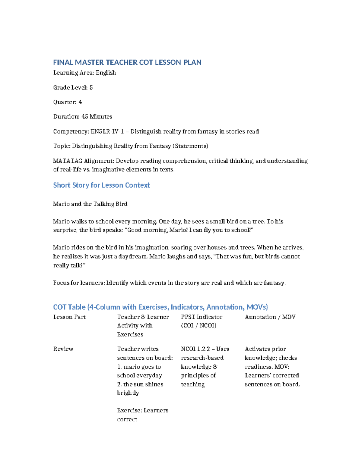 FINAL MASTER TEACHER COT LESSON PLAN: Reality vs. Fantasy (Grade 5 ...