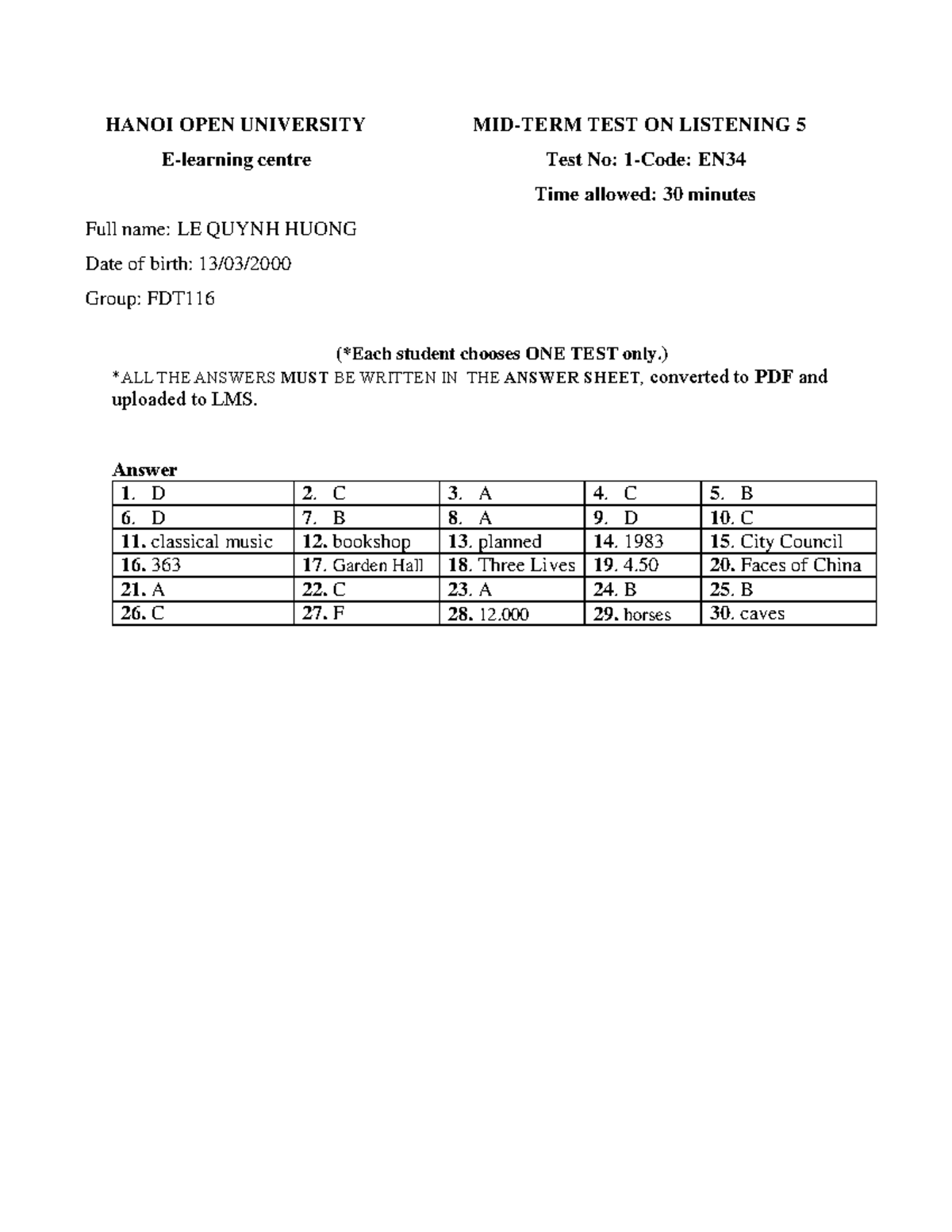 Mid-Term Test (Test No. 1) - Listening 5 - Nghe tiếng anh 5 - Studocu