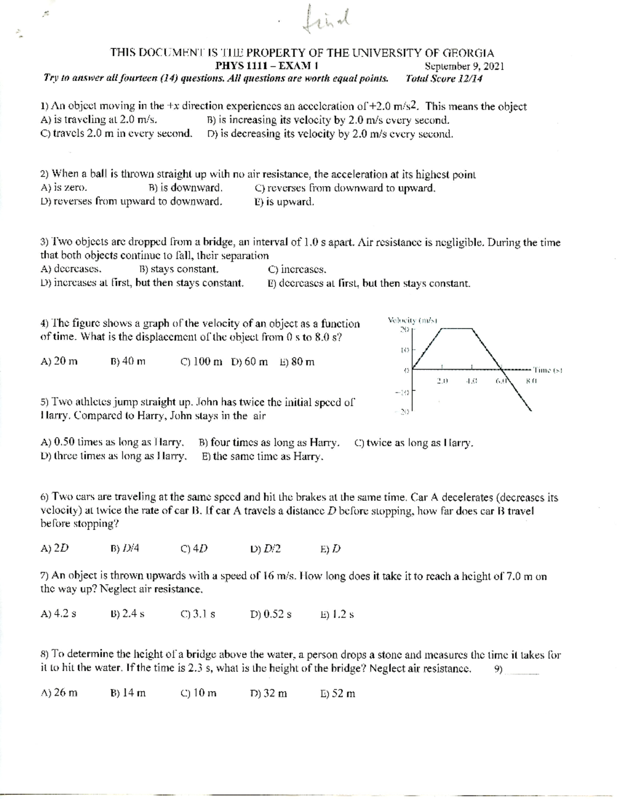 PHYS1111 Exam 1 Review F21 with Key and Notes - Studocu