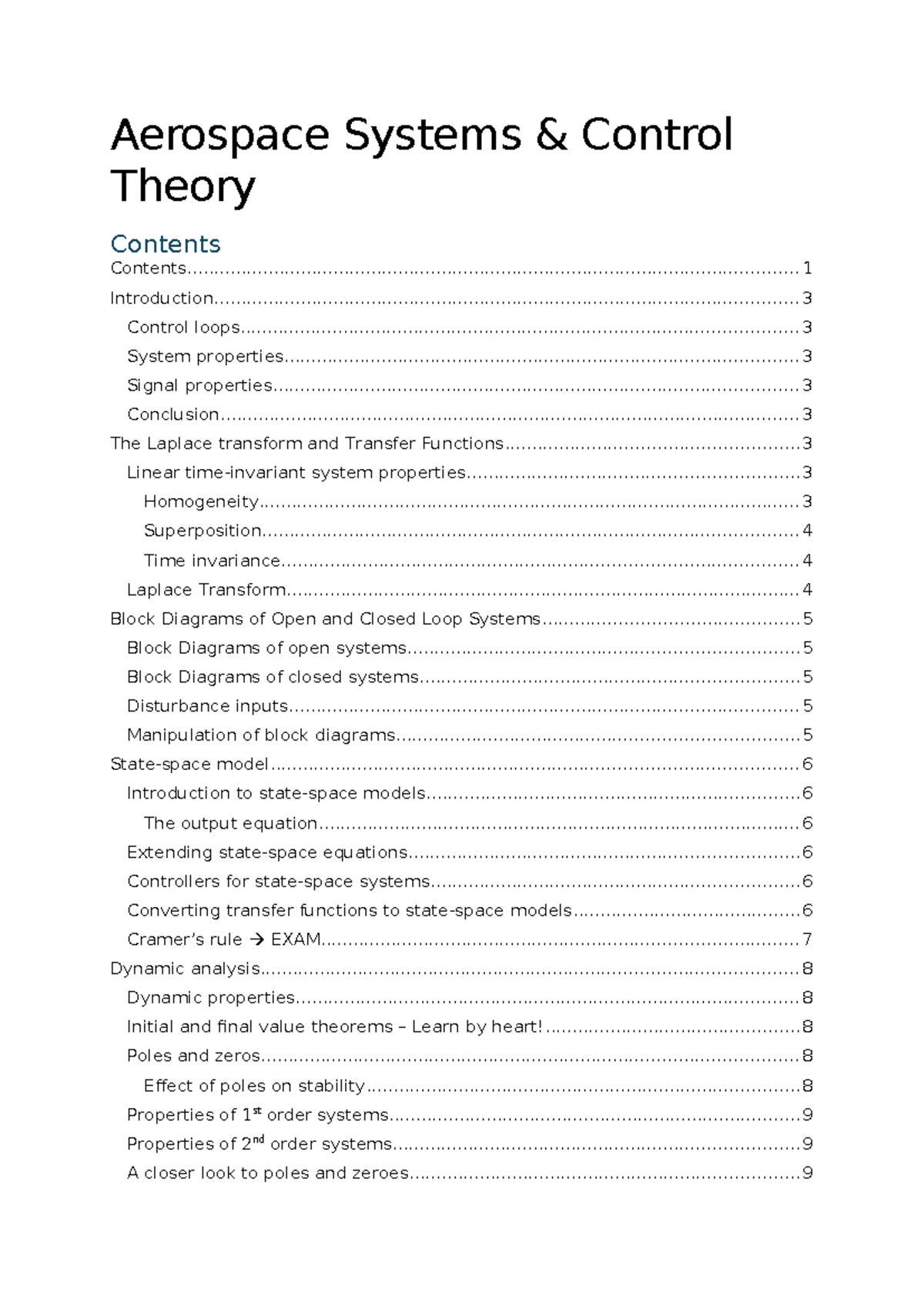Aerospace Systems and Control Theory - Comprehensive Summary Notes ...