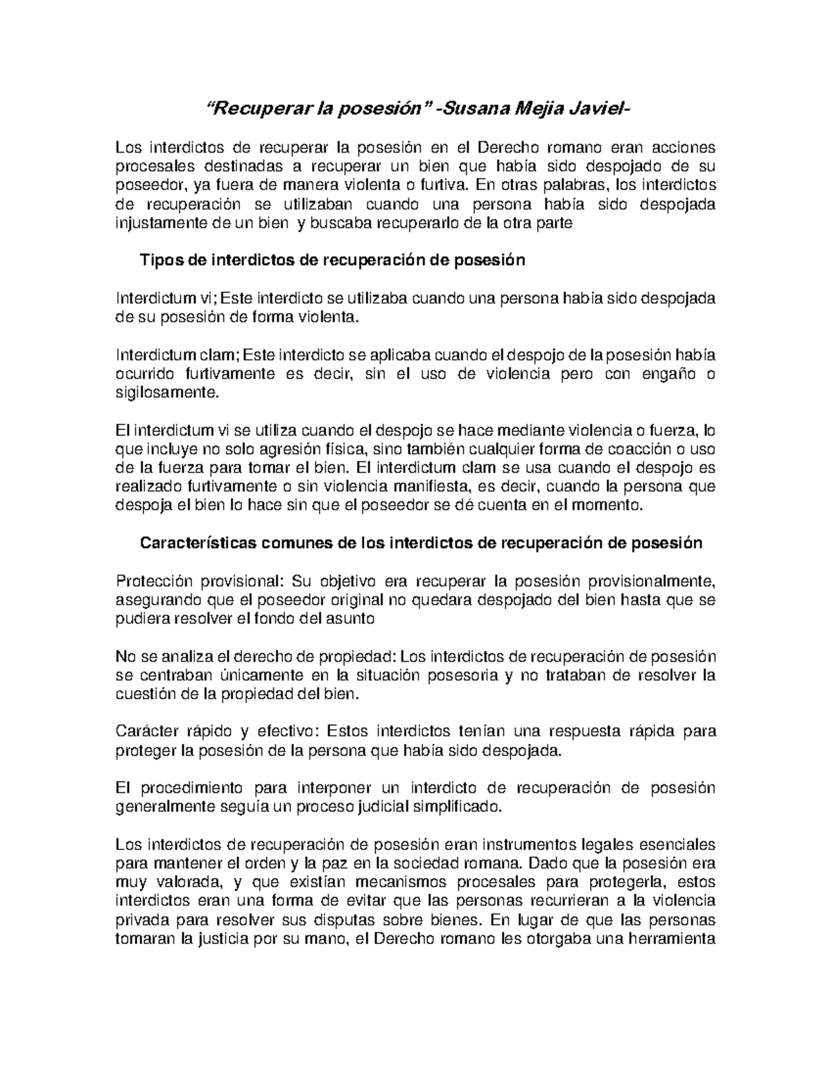 Interdictos para Recuperar la Posesión en Derecho Romano - Studocu