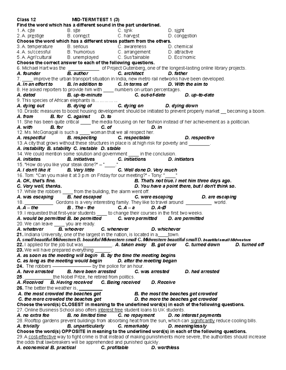 Midterm Test 1 Review for Class 12 - Course Code PD-12 - Studocu