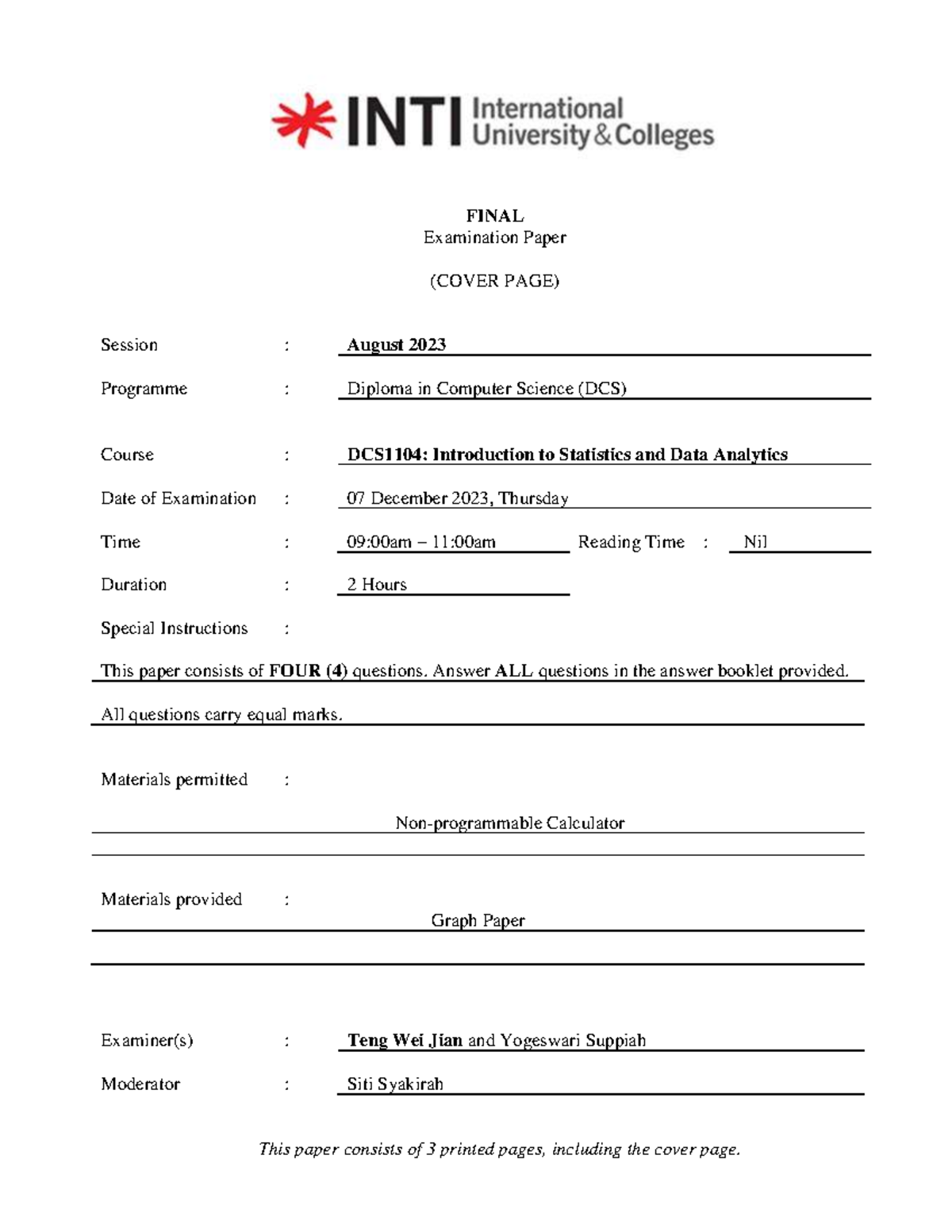 DCS1104 Final Exam Paper: Introduction to Statistics & Data Analytics ...